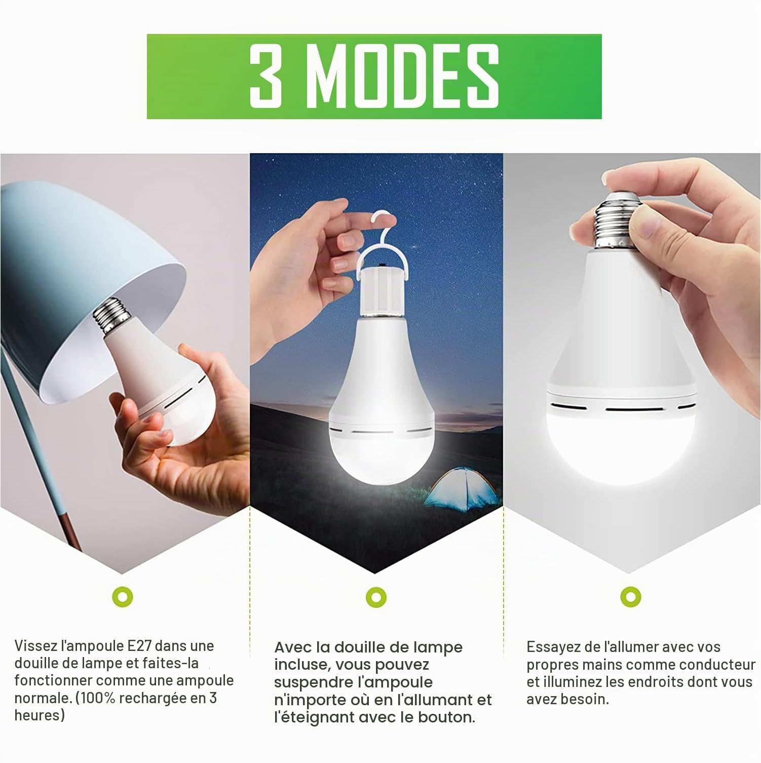 CLAR - Ampoule Rechargeable E27, Ampoule Sans Electricite, Ampoule, 15W, Sans USB (Pack 5)