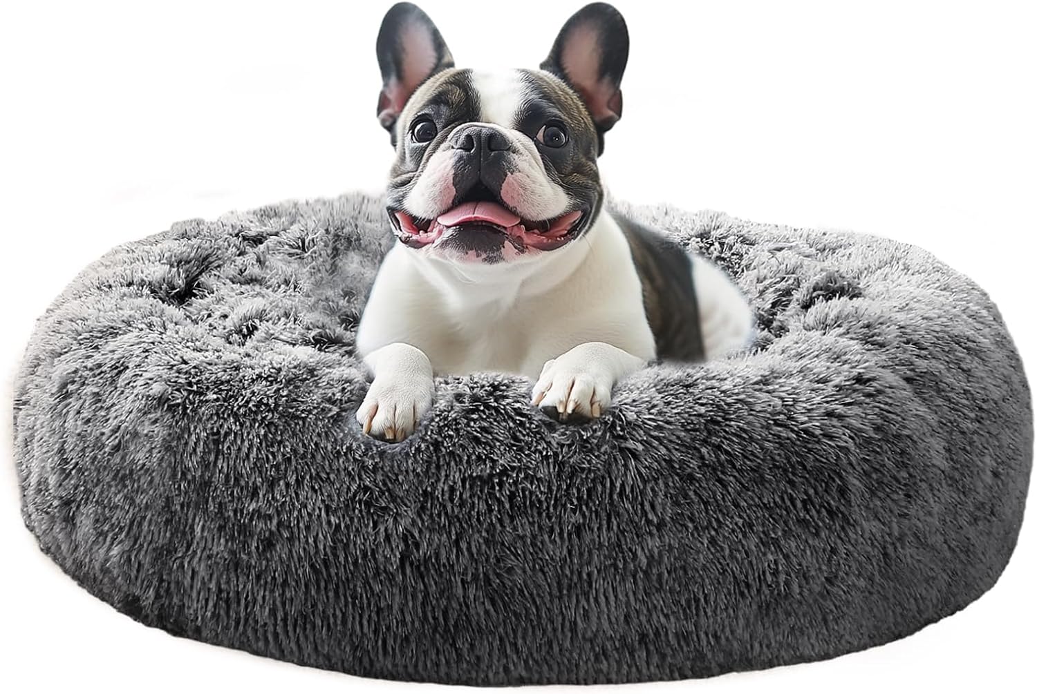 JOLLYVOGUE Small Dog & Cat Beds for Indoor Cats, Donut Cuddler Warming Soft Dog Beds with Anti-Slip Bottom, Round Calming Fluffy Plush Faux Fur Cushion Bed for Medium Dogs (31", Smoke Black) 31.0"L x 31.0"W x 8.0"Th Dark Grey
