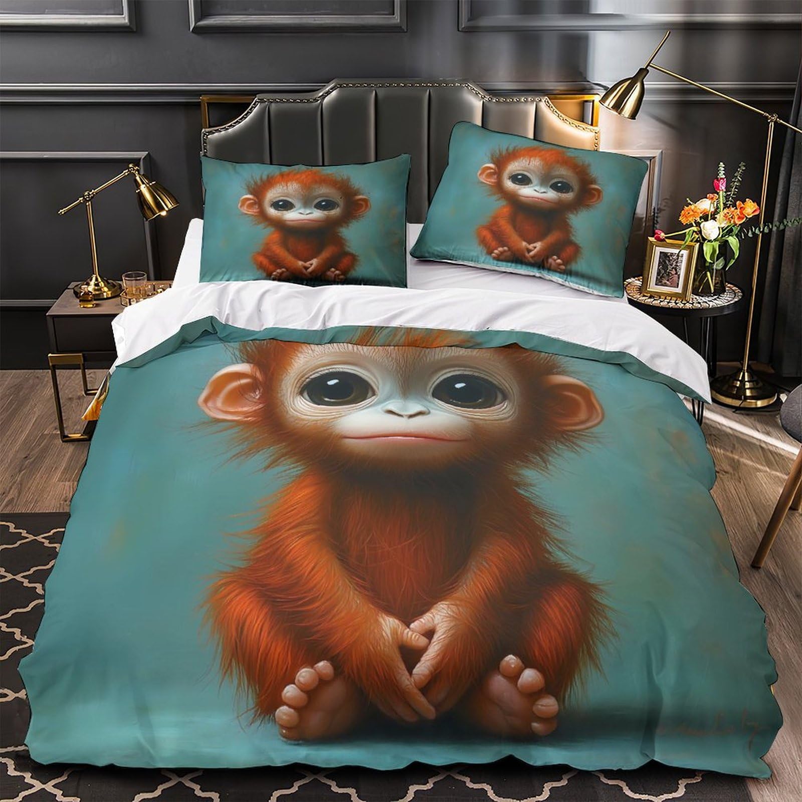 Housse de couette singe anti-plis fermeture éclair pour parure de lit enfant