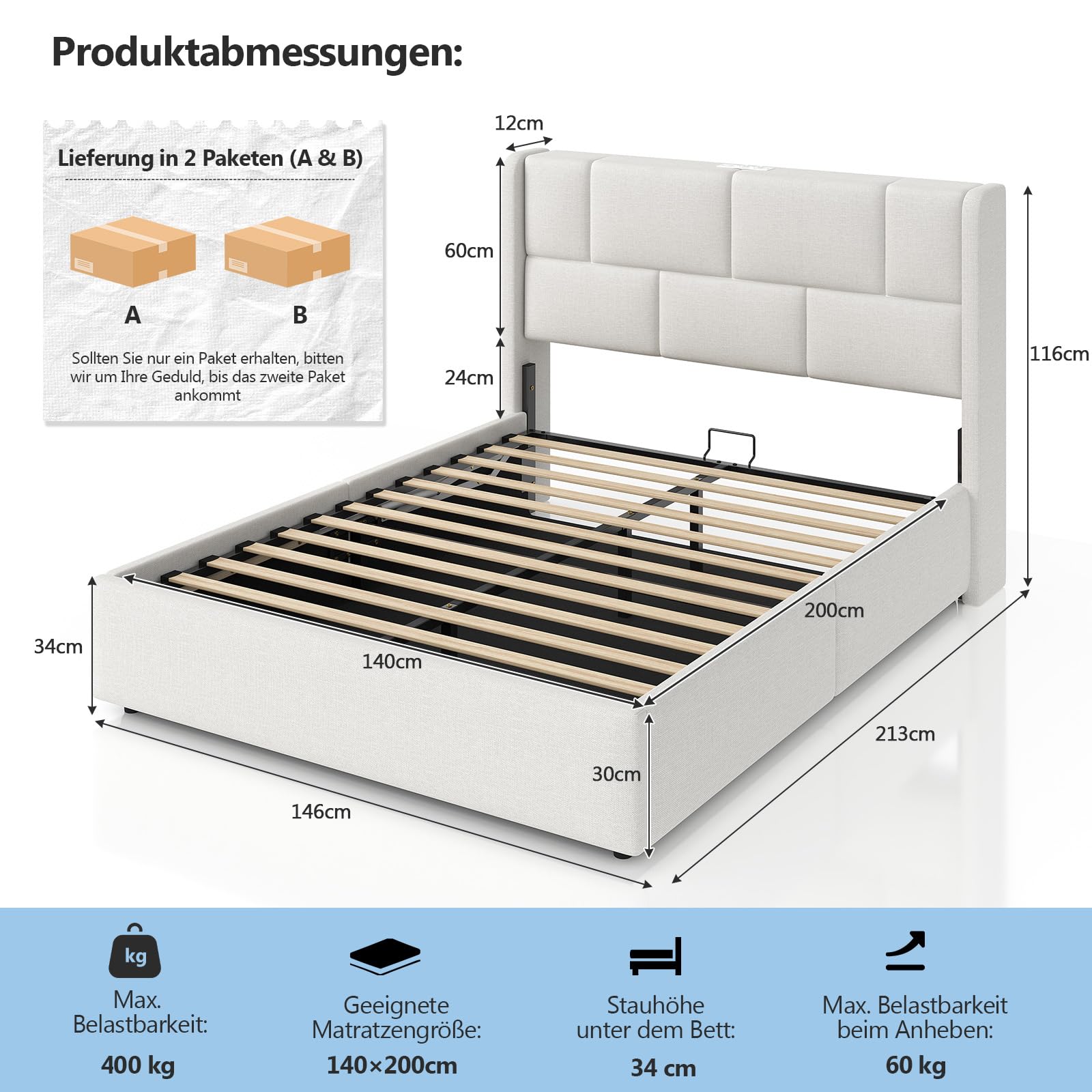 Polsterbett 140x200 cm mit hydraulischem Bettkasten und höhenverstellbarem Kopfteil, Ladestation (2 AC-Steckdosen, 1 USB-A, 1 USB-C Anschluss) Bett 140x200 mit Stauraum, Doppelbett Jugendbett, Weiß