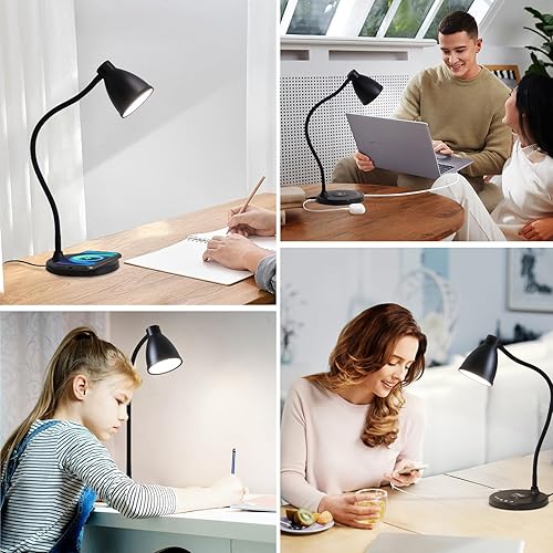 Miniatura 7 de BOHON Lámpara de escritorio para oficina en casa, luz LED de escritorio con puertos de carga USB C+A, cargador inalámbrico, temporizador de luz de