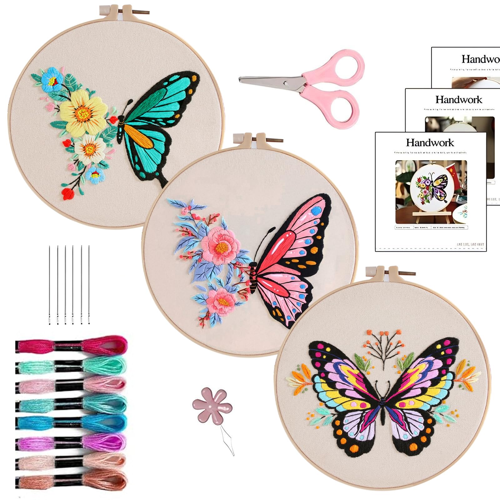 FUZVOL 3 PCS Embroidery Starter Kit with Hoop & Tools DIY Cross Stitch Craft Set for Adults, Ideal Stitching & Sewing Gift, Includes Cross Stitch Accessories, Perfect for Beginners (Blue+Green+Pink)