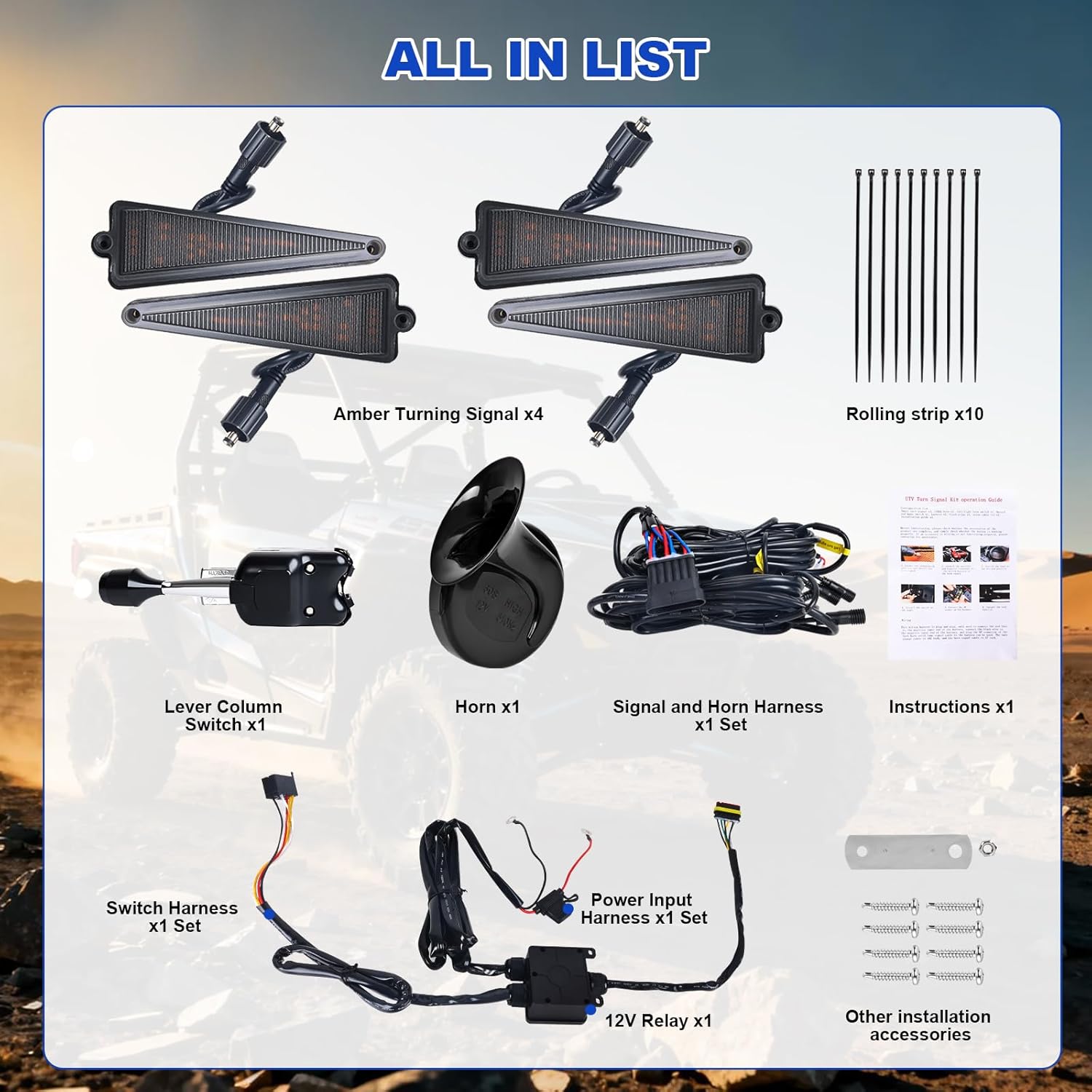 UTV Turn Signal Kit with Lever Column Switch and Triangle Amber Light,Pre-Wired, Plug and Play with Horn, Compatible with Polaris, CFMOTO,Can-Am, Pioneer, Kawasaki