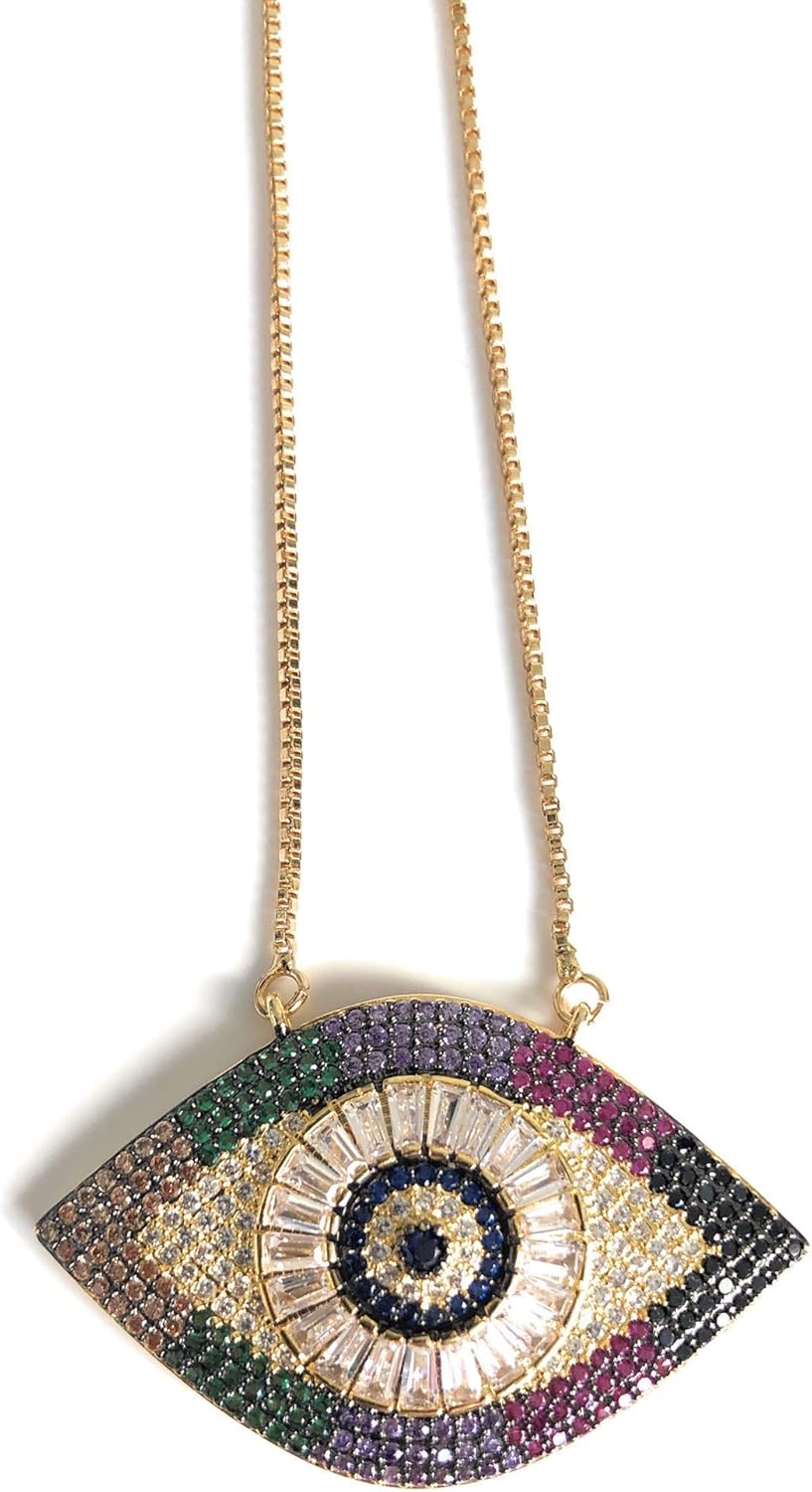 SIFRIMANIA Lucky Charm Necklace Evil Eye Pendant Adjustable Length and Vibrant Cubic Zirconia Stones for Good Luck