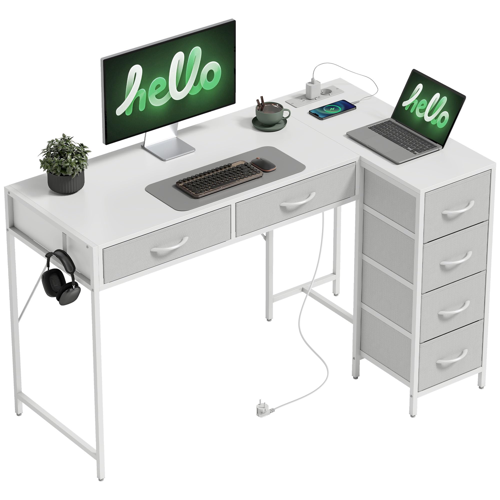 HOMCOM Scrivania Angolare Reversibile con Porte USB ad L 126x48 cm Bianco | Prese di Corrente, 6 Cassetti in Tessuto, Gancio Laterale, per Computer Ufficio Studio Casa