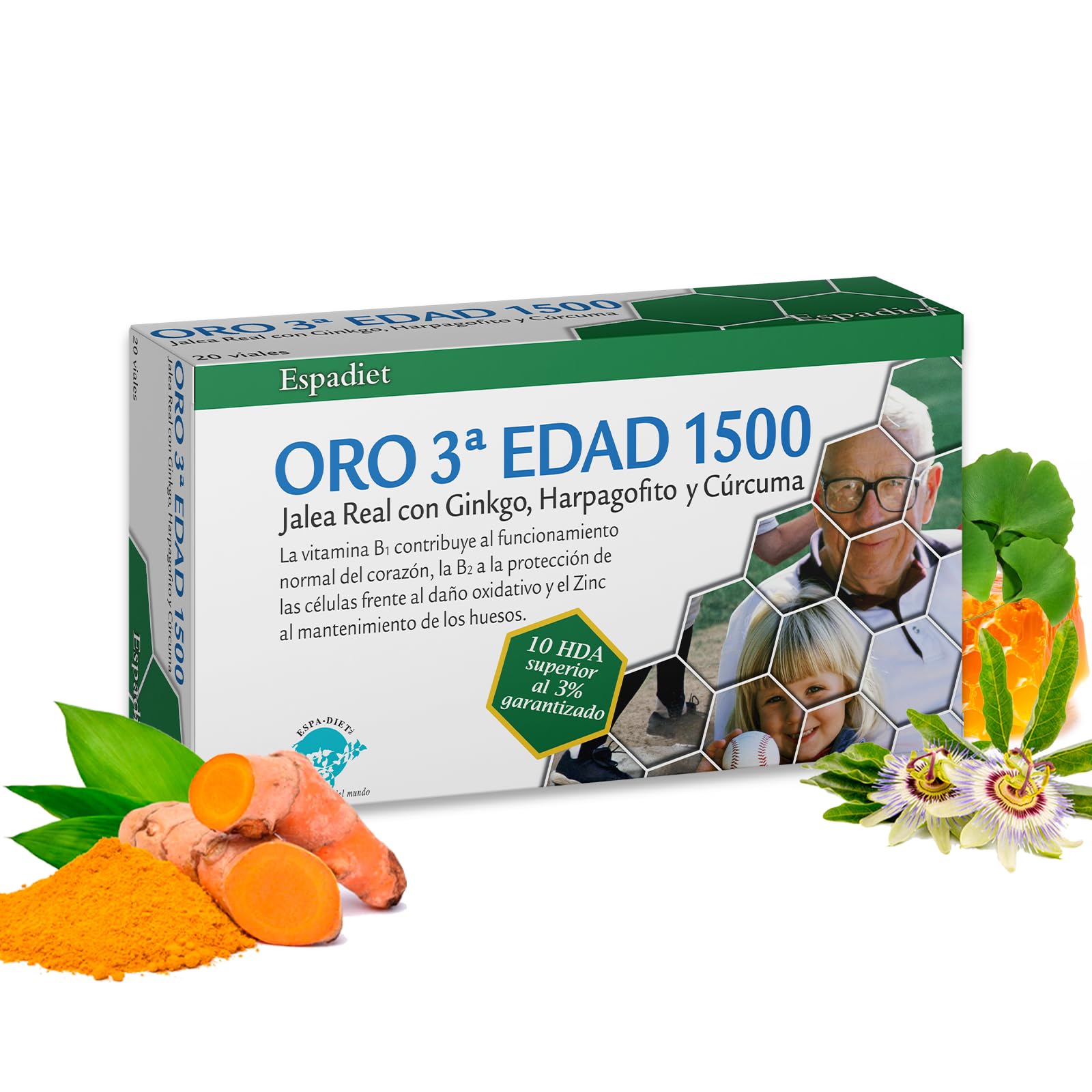 Espadiet Jalea oro 3ra edad 1500– Con Gingko Biloba, Harpagofito, Cúrcuma, Zinc Vitaminas C, del Complejo B y D – Salud del Corazón, Cognitiva, Ósea y Antioxidante – 20 viales de 10ml