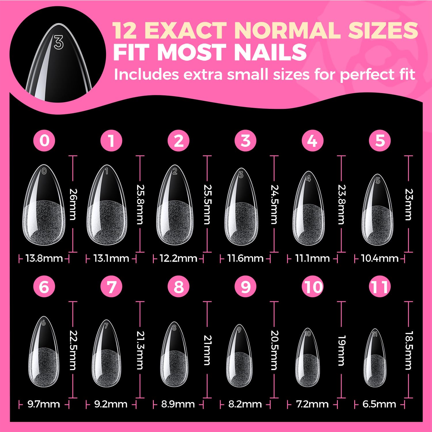 UNA GELLA Mandel Nail Tips, 504 Stück 12 Größen Nageltips für Gelnägel Almond Full Cover Soft Gel Tips für Acrylnägel & DIY Nagelkunst zu Hause