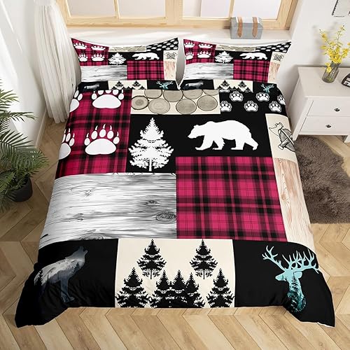 Juego de funda de edredón rústica de granja, tamaño individual, diseño de ciervo, lobo, patas, animales, retazos, para niños y niñas, pinos, funda