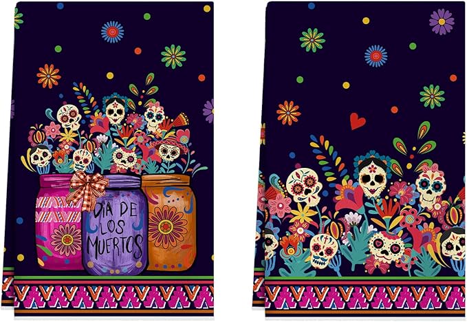 XCHI Vases Sugar Skull Flowers Dia De Los Muertos Mexican Kitchen Towels Day of The Dead Dish Towels 18x26 Inch Home Kitchen Decorations Hand Towels Set of 2 Drying Dishcloth