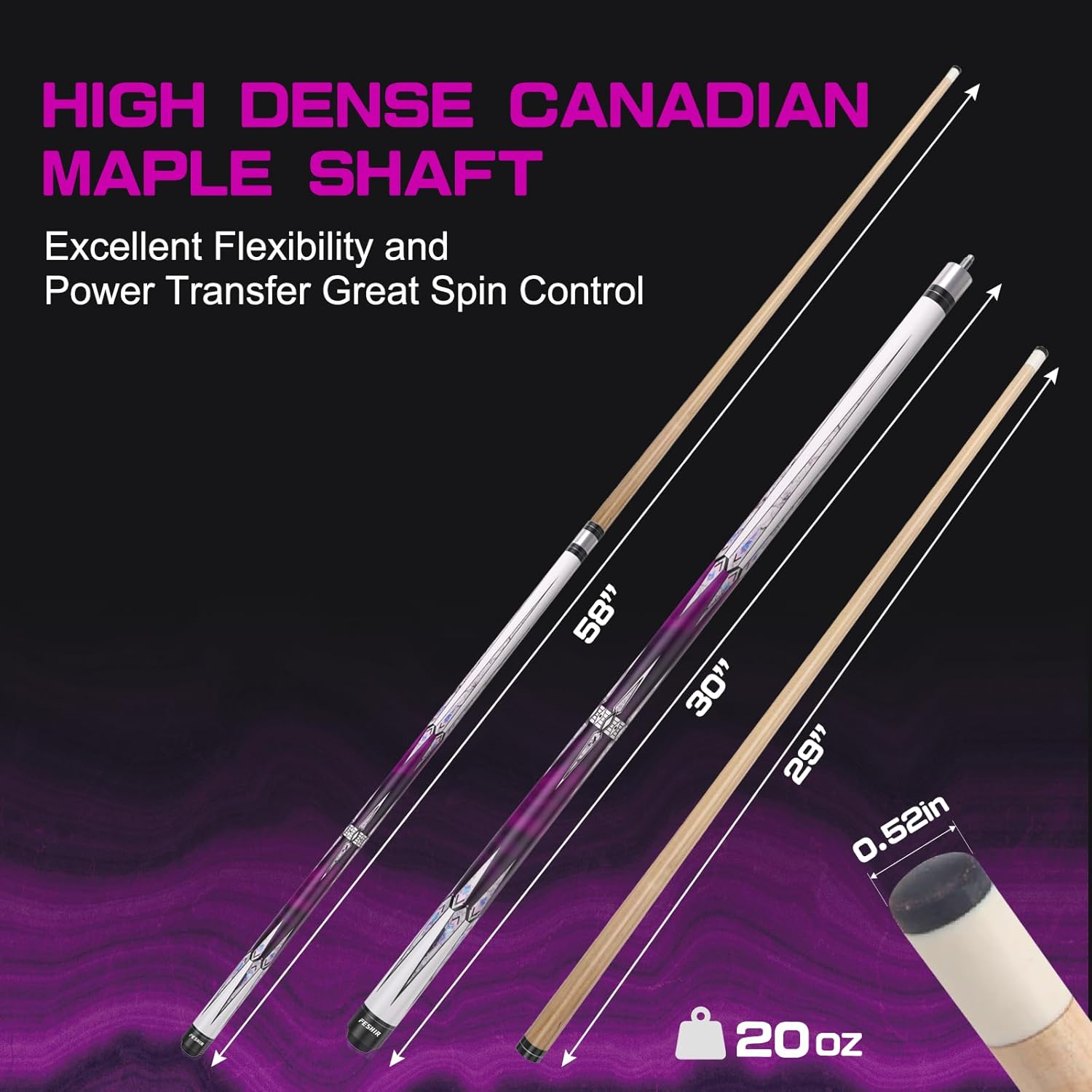 58 Inch 20oz Maple Billiard Pool Cue Stick Set with 12.5mm Tip, 3/8x8 Joint for Enhanced Control & Accuracy, Professional Low Deflection