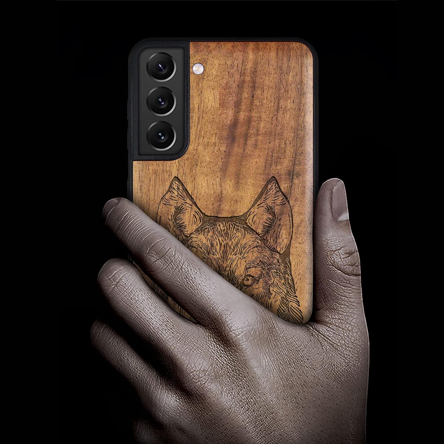 Carveit Wood Case for Galaxy S22 Case [Natural Wood & Black Soft TPU] Shockproof Protective Cover Unique & Classy Wooden Design Compatible with Samsung S22 (Wolf Head-Walnut)