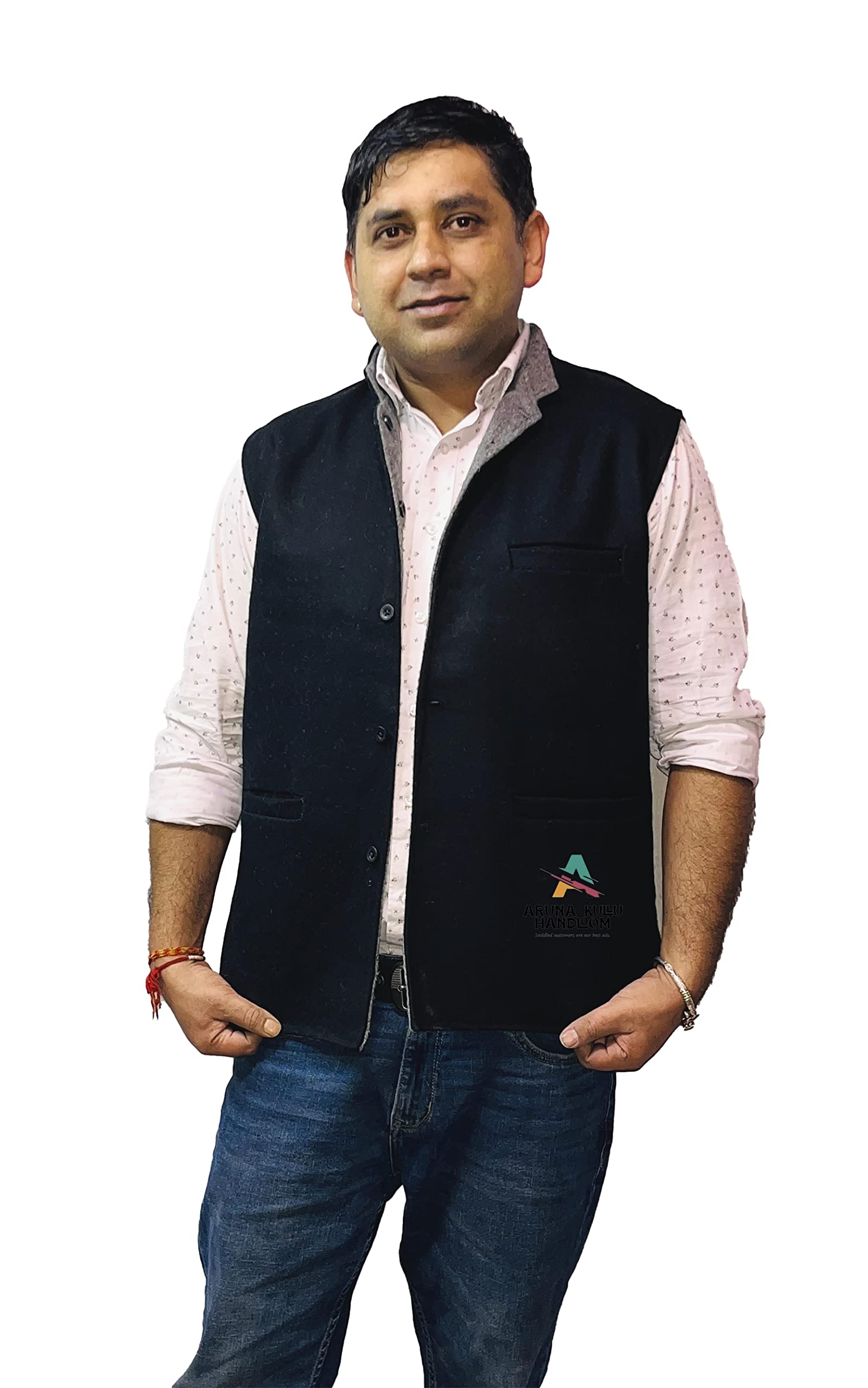 aruna kullu handloom Men's Woolen KULLU Patti Tweed Bandhgala Nehru Jacket Waistcoat BLACK PURE KULLU PATTI (46)-picture-32