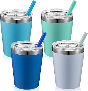 4 Set Toddler Cups with Straws and Lids Stainless Steel Kids Cups Insulated Kids Cups Spill Proof Double Wall Vacuum Kid Tumbler Cups for Boys Girls Sippy Drinking 8 oz (Blue, Gray, Sky Blue, Green)