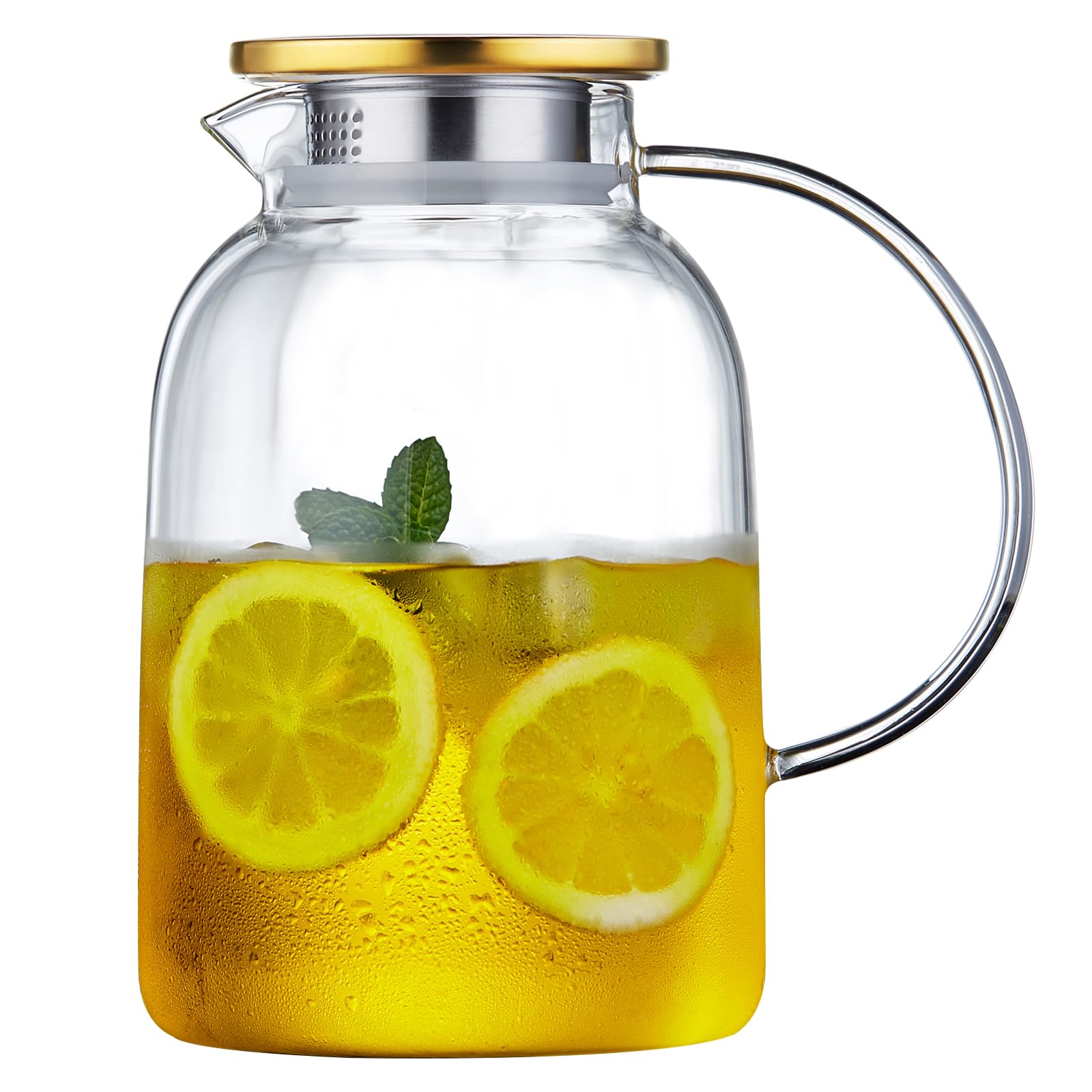 MESNEY Tetera de vidrio de 2 litros con infusor, vidrio de borosilicato resistente al calor, infusor de tetera para té suelto, colador y tapa 2 en 1, apta para estufa