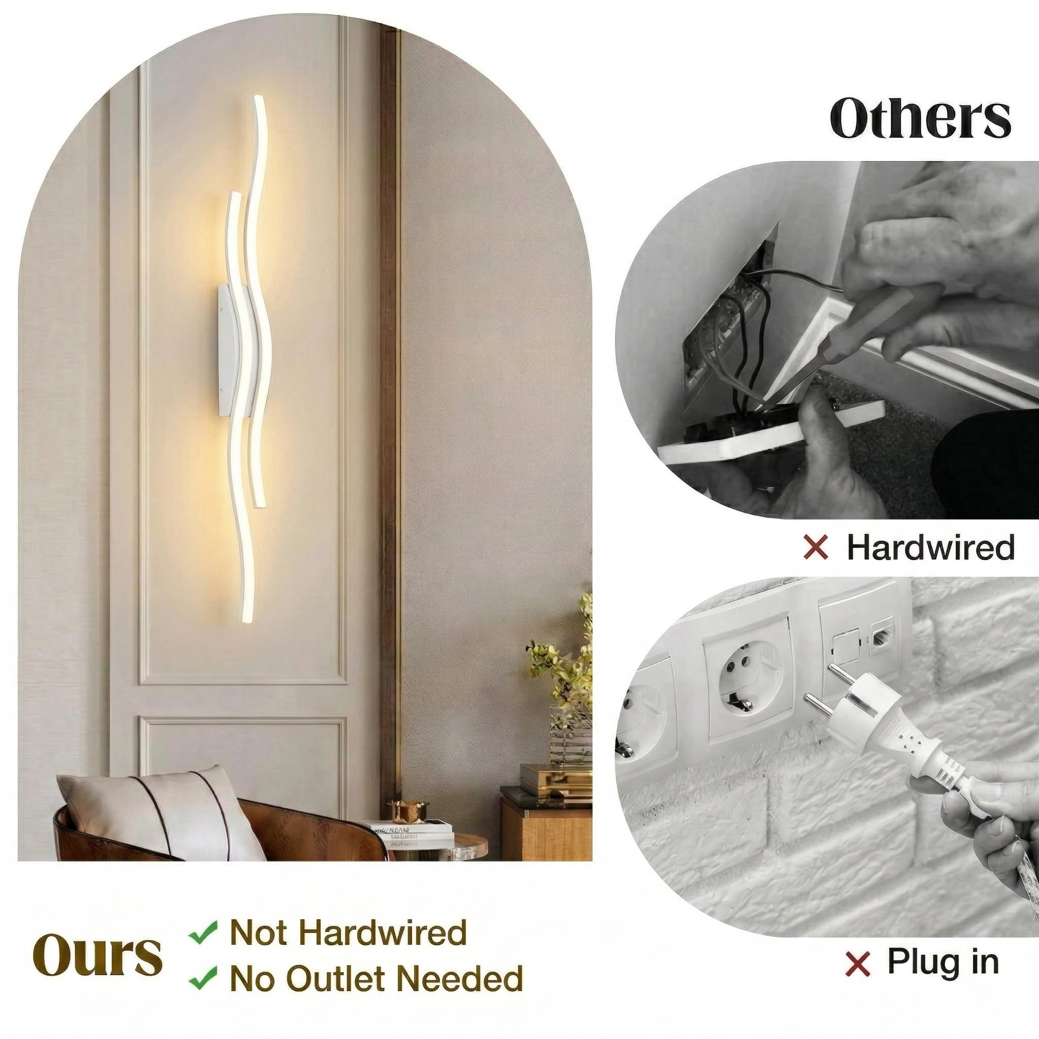 Wandleuchte Innen mit Akku 100 cm, 2er Pack Dimmbar mit Fernbedienung | Timer, kabelloses Wellen-Design Wandlampe für Wohnzimmer, Schlafzimmer, Flur und Treppenhaus(Weiß)