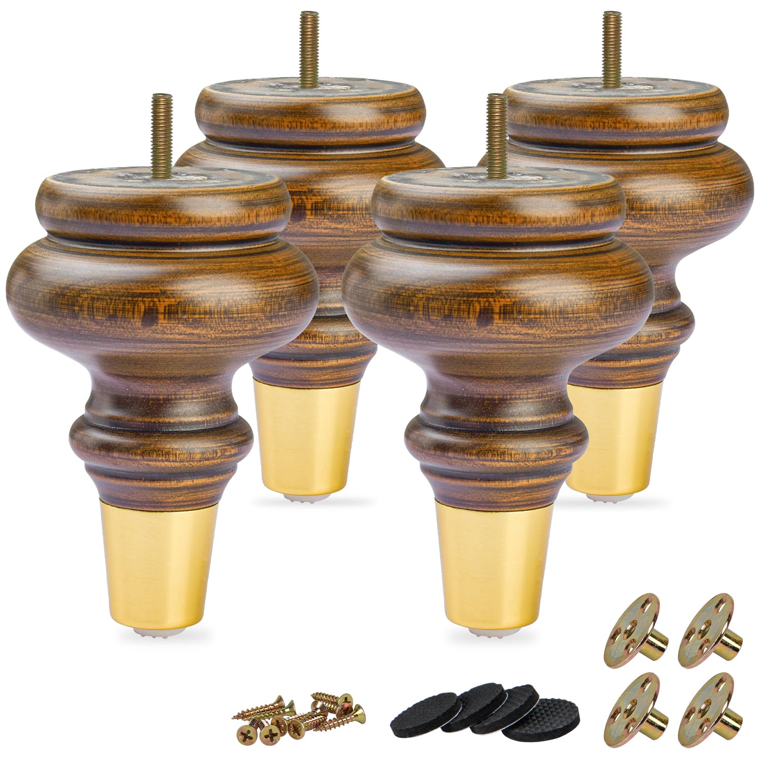 5 inch / 13cm Wooden Furniture Legs, Pack of 4 Classic Glaze Solid Wood Turned DIY Replacement Bun Feet with M8 Hanger Bolts & T-Nuts for Sofa Couch Ottoman Cabinet Table Riser Bench