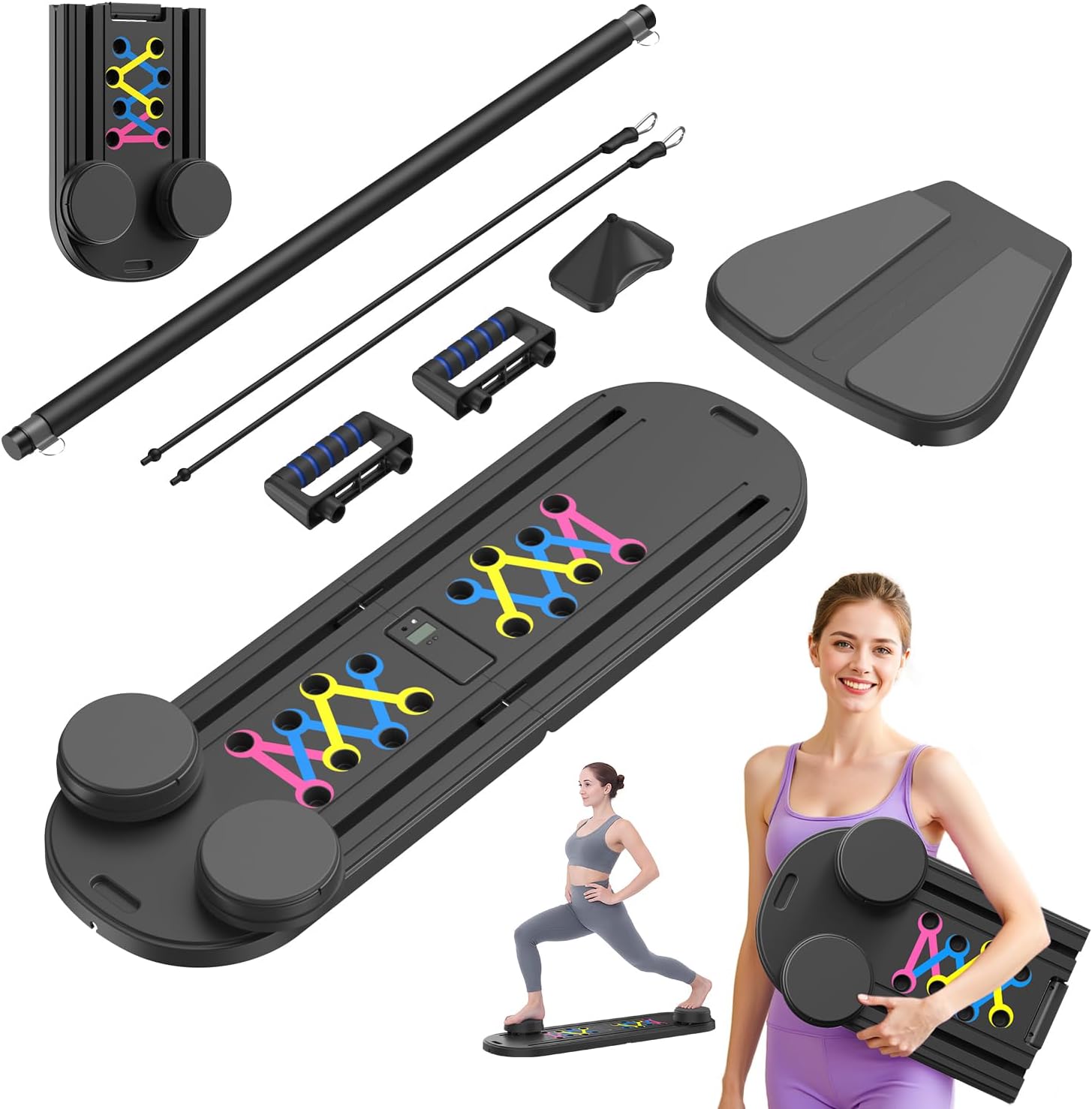 Pilates Reformer Board – 5-in-1 Foldable Pilates Machine for Home Workout, Portable Fitness Board with Resistance Bands, Full Body Training for Women (Black)