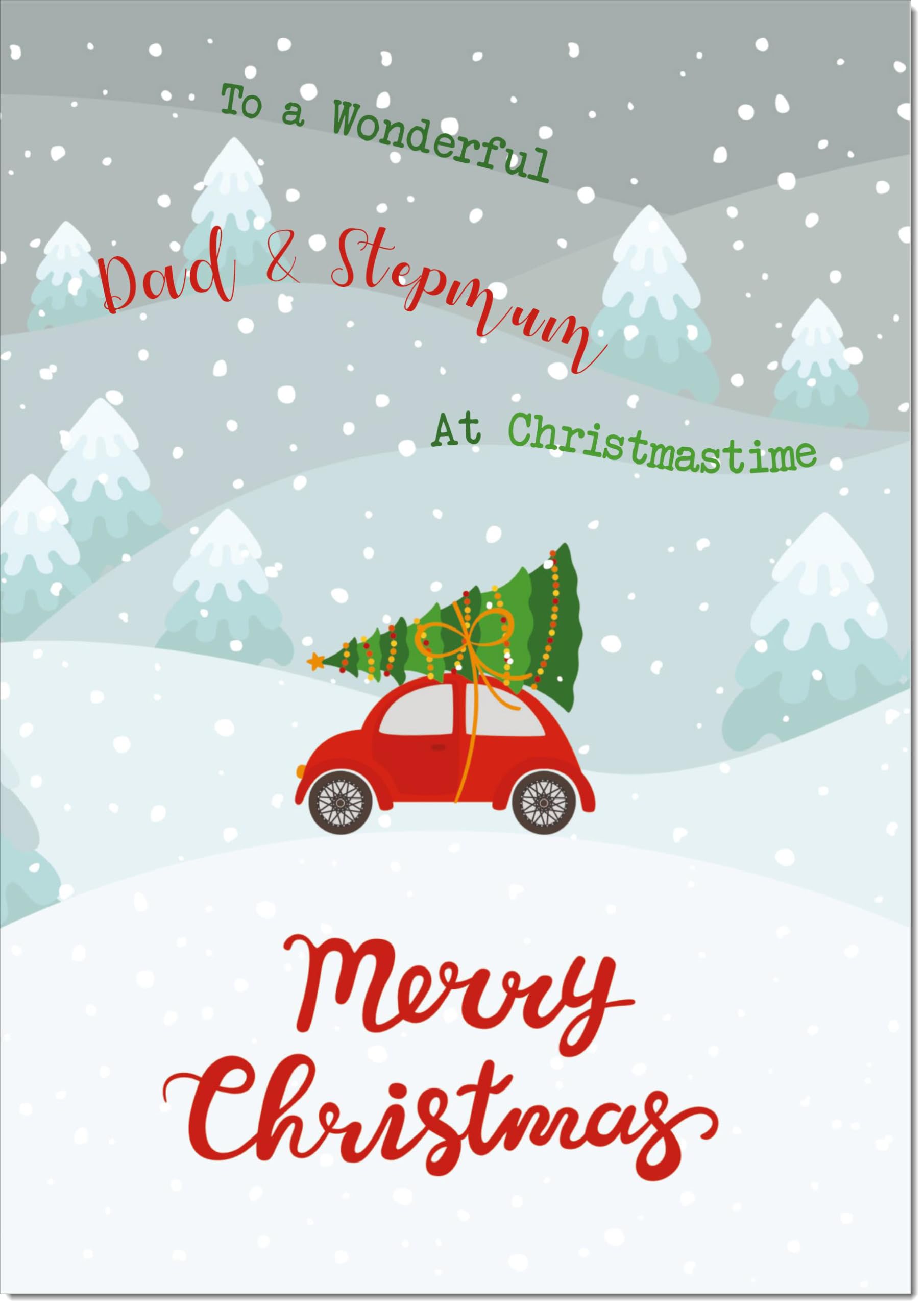 doodlecards Dad and Stepmum Christmas Card Christmas Tree on Car Large A4 Size Christmas Card for Dad & Stepmum with Plain Envelope