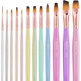 Nicpro 12 Piece Brush Set Artist Brush Set Aesthetic Pastel Brushes Craft Brushes for Acrylic Painting Oil Watercolour Gouache Tempera Face Body Art Supplies for Artists and Beginners