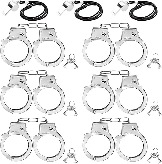 3 otters 6PCS Toy Handcuffs for Kids, 9.8Inch Metal Handcuffs with Keys Costume Prop Accessories, Party Favors for Police Role Play, 3Whistles