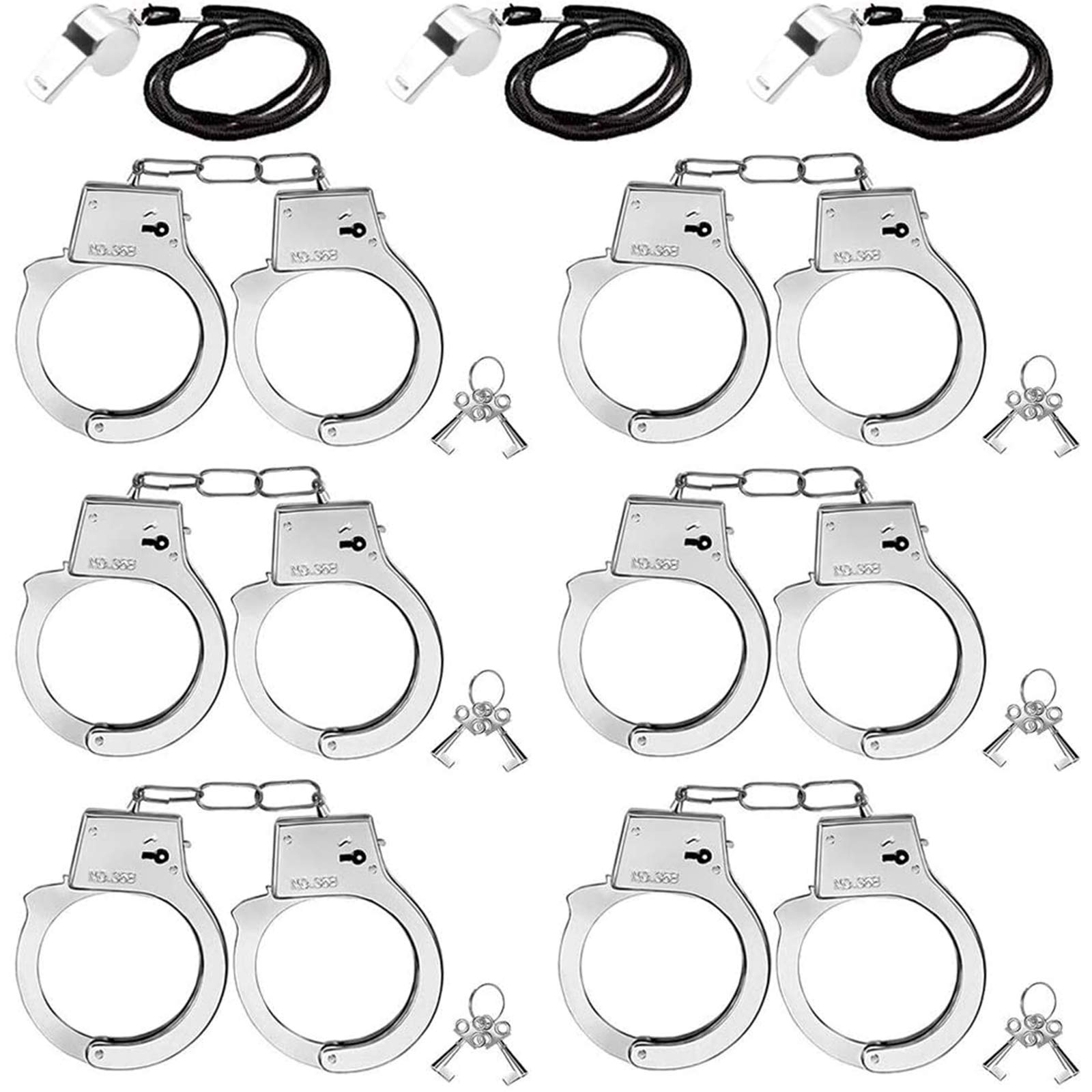 3 otters 6PCS Toy Handcuffs for Kids, 9.8Inch Metal Handcuffs with Keys Costume Prop Accessories, Party Favors for Police Role Play, 3Whistles