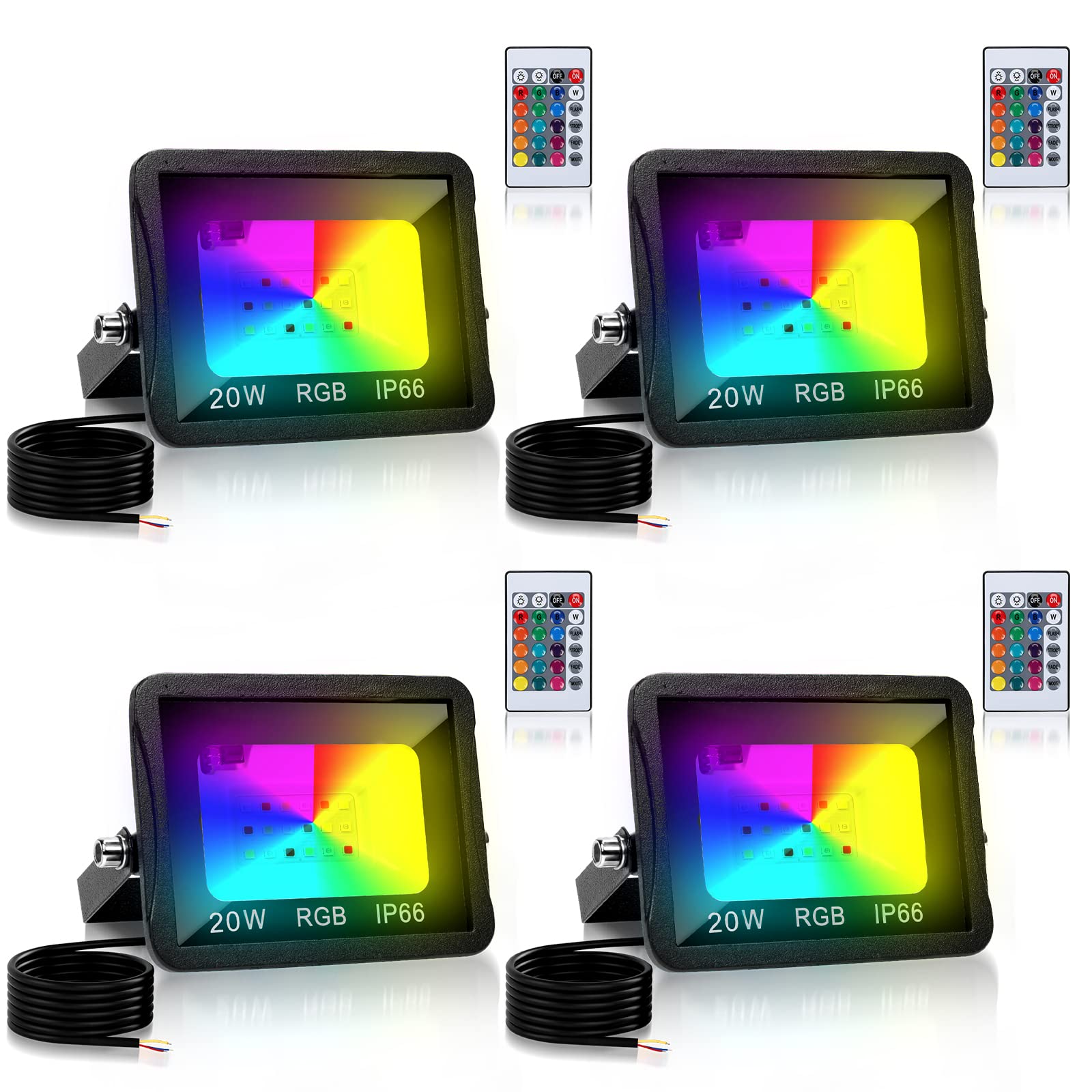 4er 20W RGB LED Strahler mit Fernbedienung,16 Farben 4 Modi,IP66 Wasserdicht, Bunt Dimmbar Flutlicht mit Memoryfunktion, RGB LED Fluter für Terrassen, Verandabeleuchtung