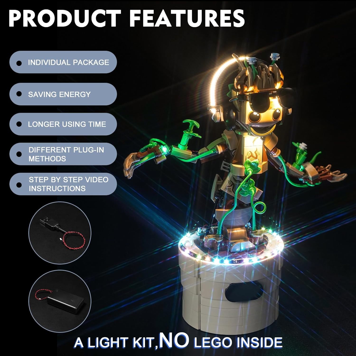 BrickBling LED Light for Dancing Groot, Creative Lighting Compatible with 76297-No Bricks (Classic Version Light)