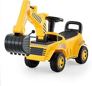 VEVOR Ride-On Toddler Car with Digger Toy, Helmet & Music, Yellow