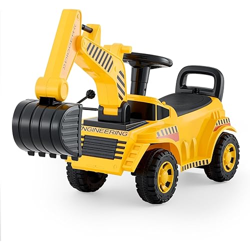 VEVOR Ride On Toddler Car, Push Car for Toddler 19 to 36 Months, Excavator Digger Toy with Helmet & Music, 55 lbs Load Capacity, Foot-to-Floor Walker for Kids, Yellow
