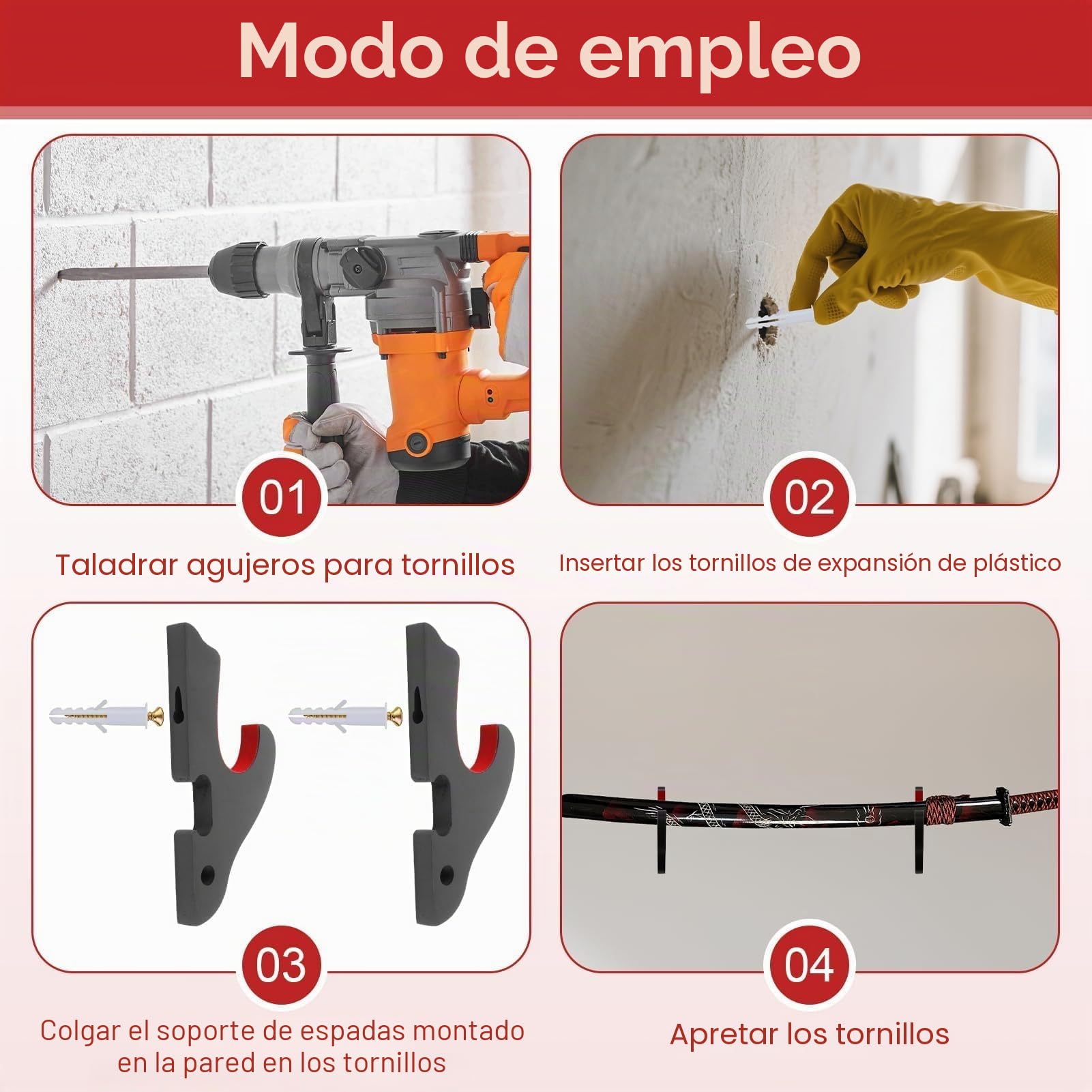 Soporte Katana Pared Negro con Acolchado de Terciopelo Exhibición Espada Samurái Gancho