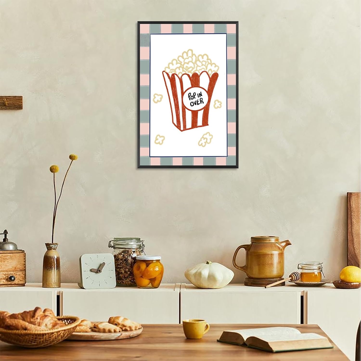 Funny Cute Popcorn Poster Preppy Kitchen Canvas Wall Art Minimalist Colorful Plaid Food Picture Prints Painting For Playroom Cinema Kitchen Dining Room Wall Decor 8x12in Framed - Image 5