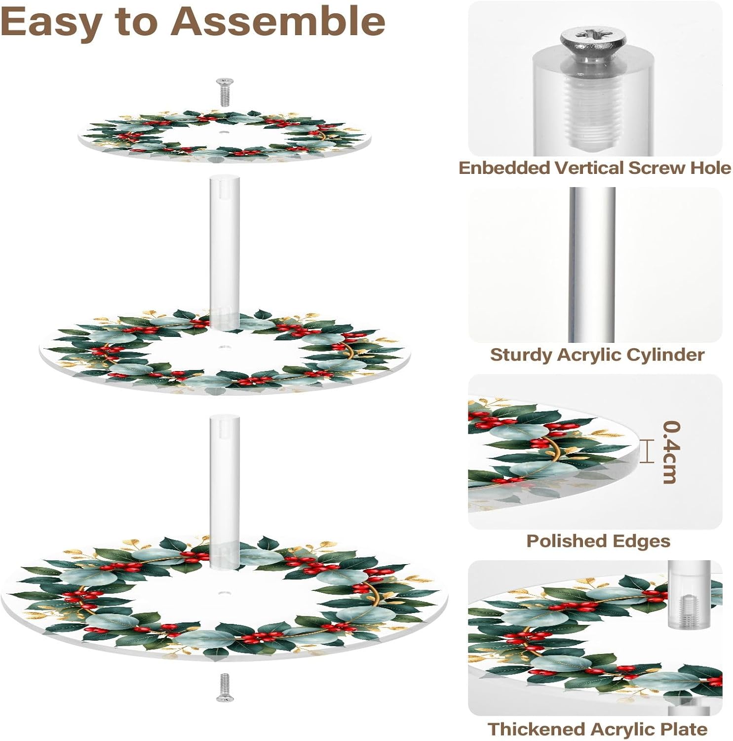 Cupcake Stand Eucalyptus Leaves Dessert Tower 3-Tier Round Acrylic Cupcake Display Stand