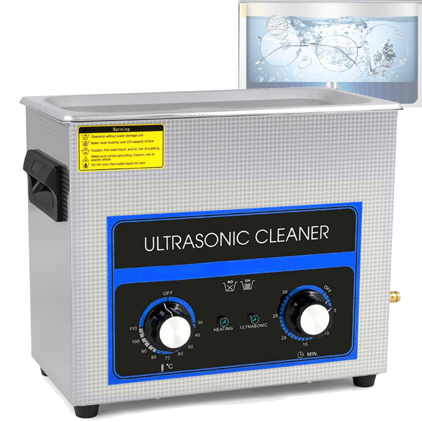Pulitore ad ultrasuoni da 6,5 ​​litri con temperatura regolabile 20-80 ℃, timer 0-30 minuti, pulitori ad ultrasuoni in acciaio inossidabile 304 for gioielli, occhiali, orologi