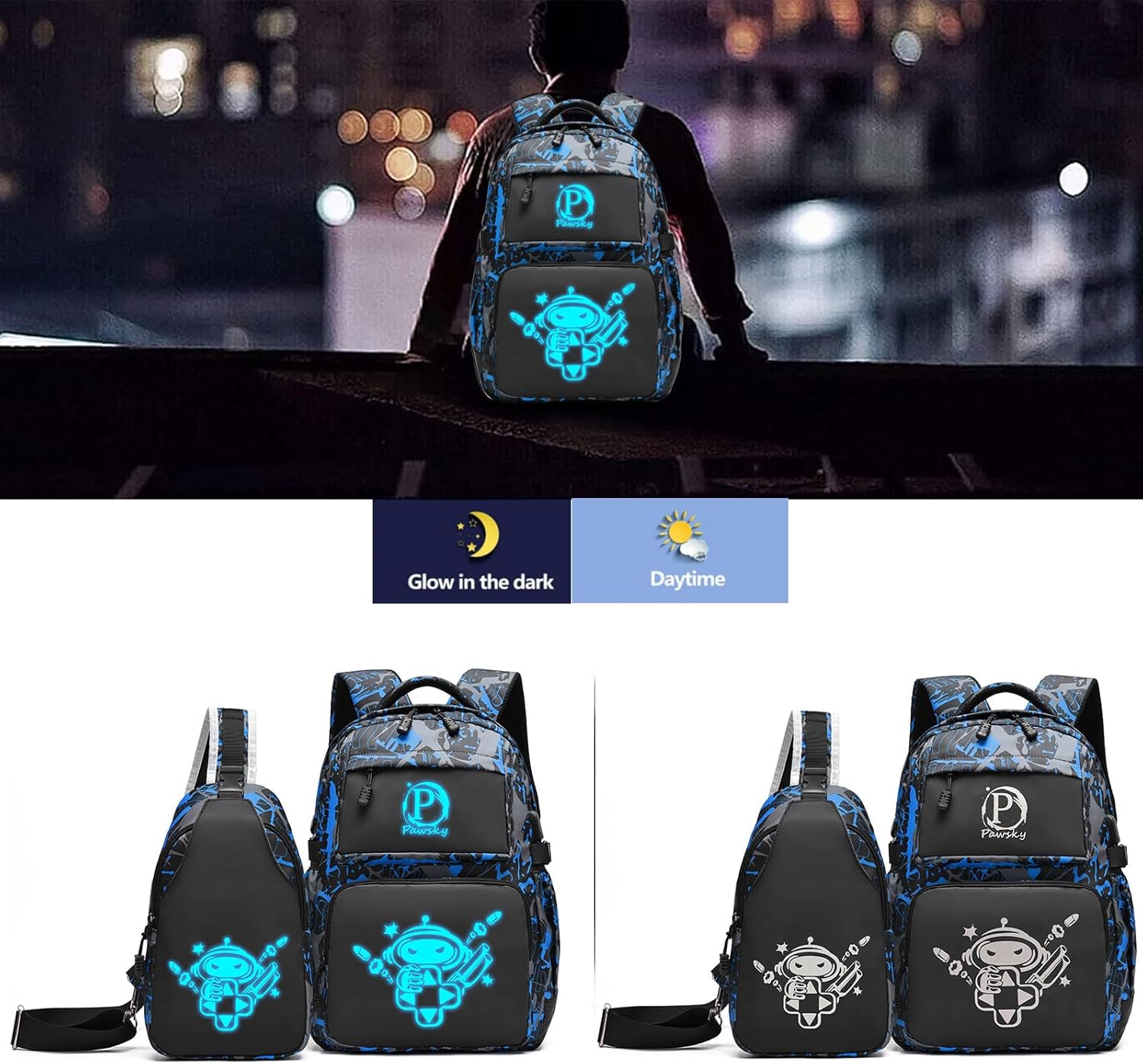 School Backpack for Teen Boys, Kids Backpack Cool Luminous Backpack with USB Charging Port, Lightweight Laptop Bag with Sling Bag Set, Blue - Image 3