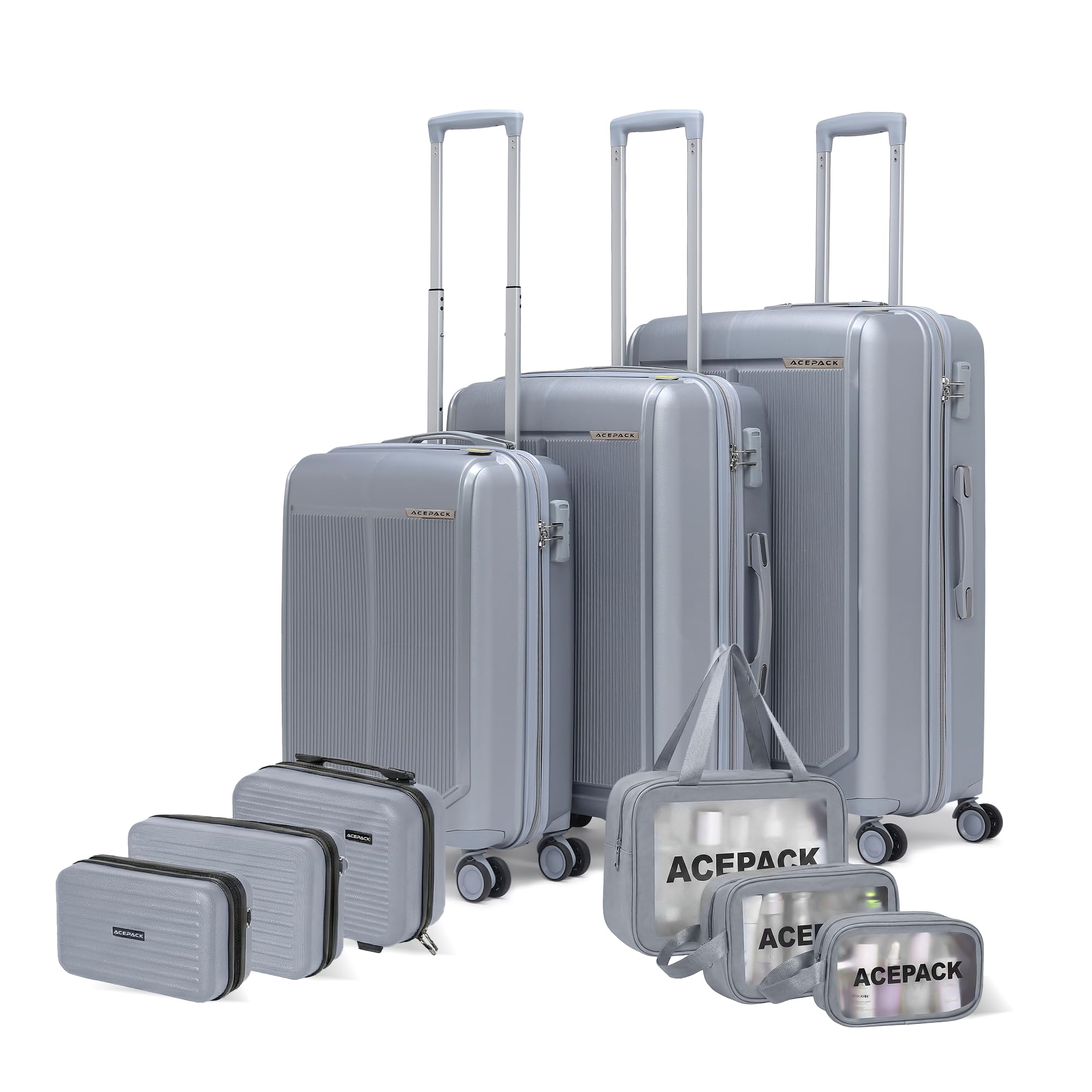 ACEPACK - Megatron - Family Set of 9 Pcs - Set of 3 Suitcase (S+M+L) + 3 Pcs Vanity Cases (8"+10"+13") + 3 Waterproof Organisers, PP Hard Shell with 360° Spinner Wheel, Number Lock, 3 Years Warranty