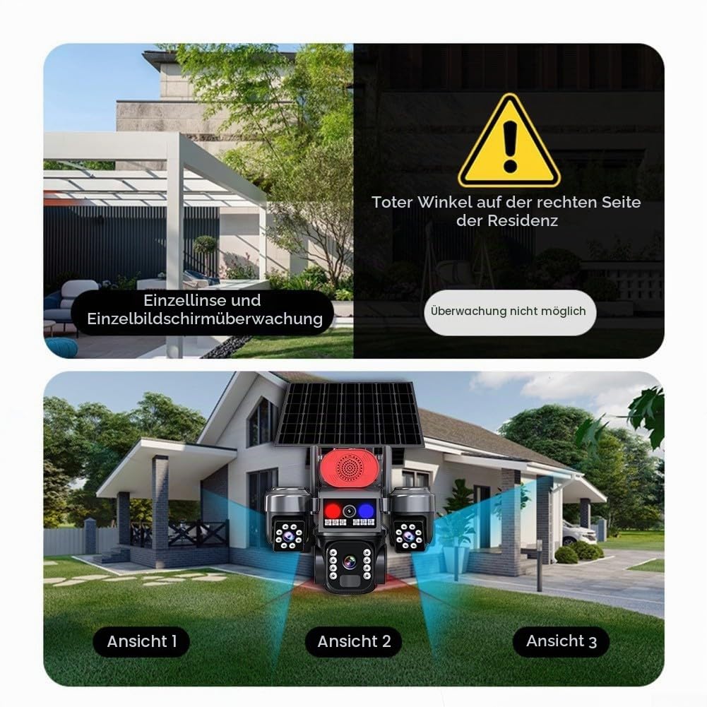 Solar Überwachungskamera Akku mit DREI-Objektiv, 360° Schwenkbar WLAN Kamera Outdoor Kabellos, 2, 4 GHz WiFi, KI-Erkennung, Farbnachtsicht, Zwei-Wege-Audio, IP66