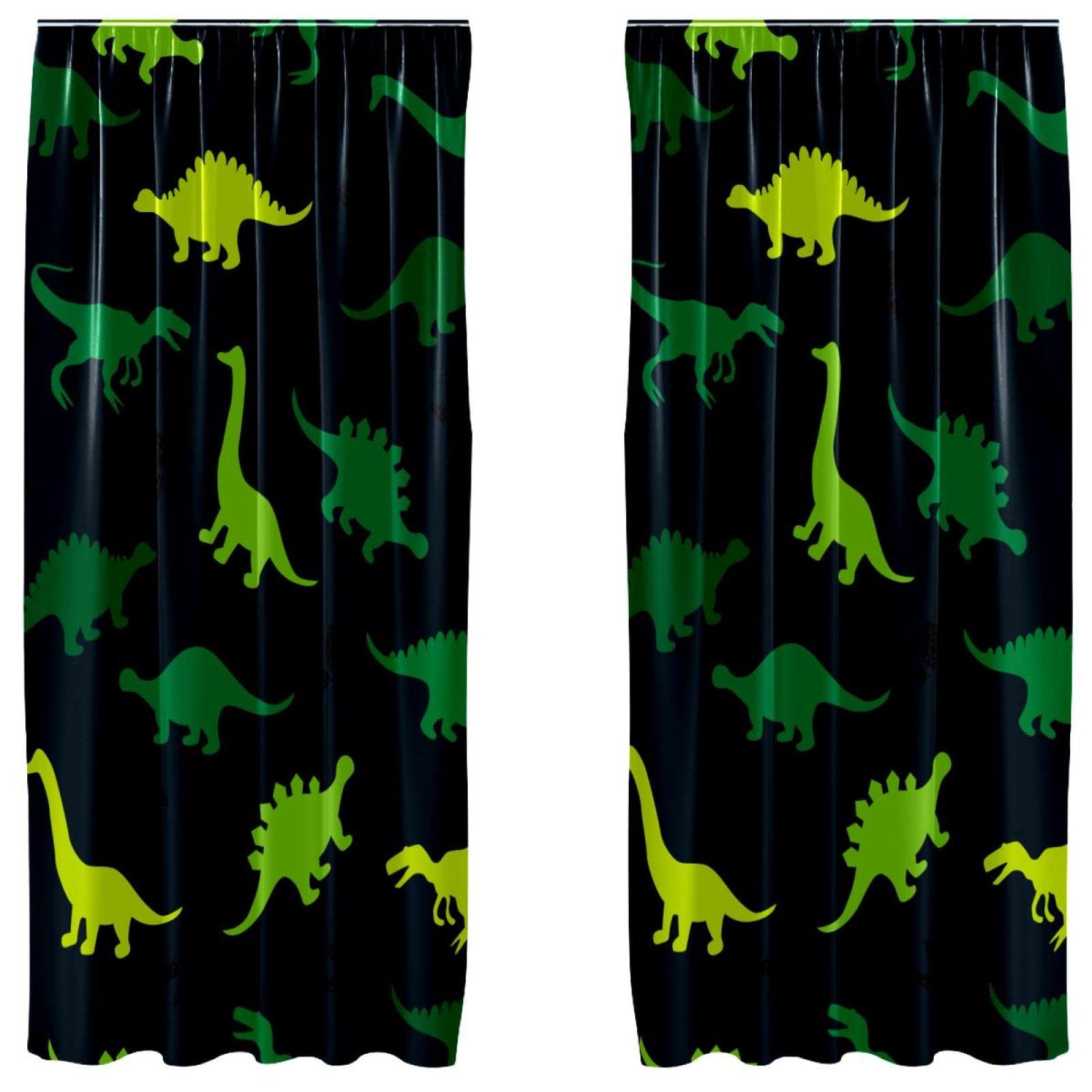 Cortinas de dinosaurios amarillos y verdes para dormitorio infantil (2 paneles, 55x84")