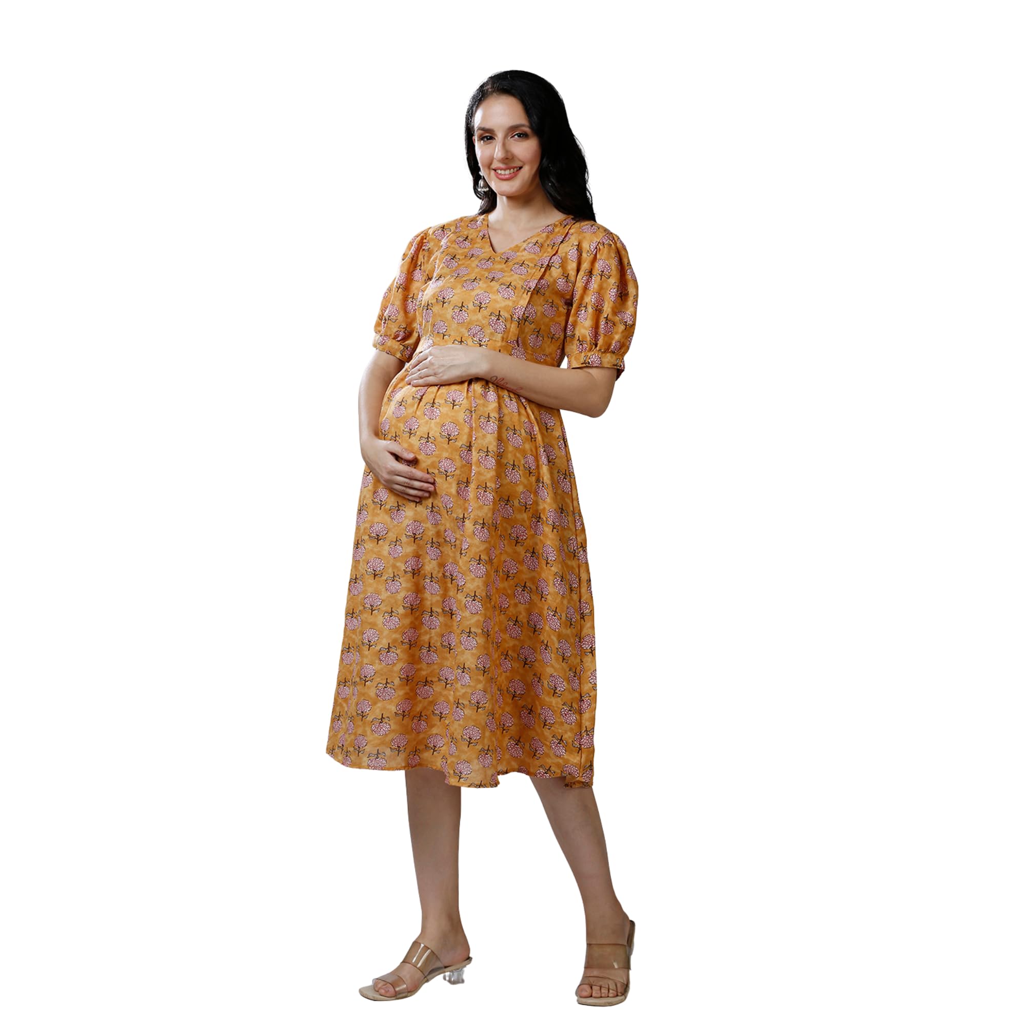 Womens Mustard Cotton Maternity Dress-picture-26