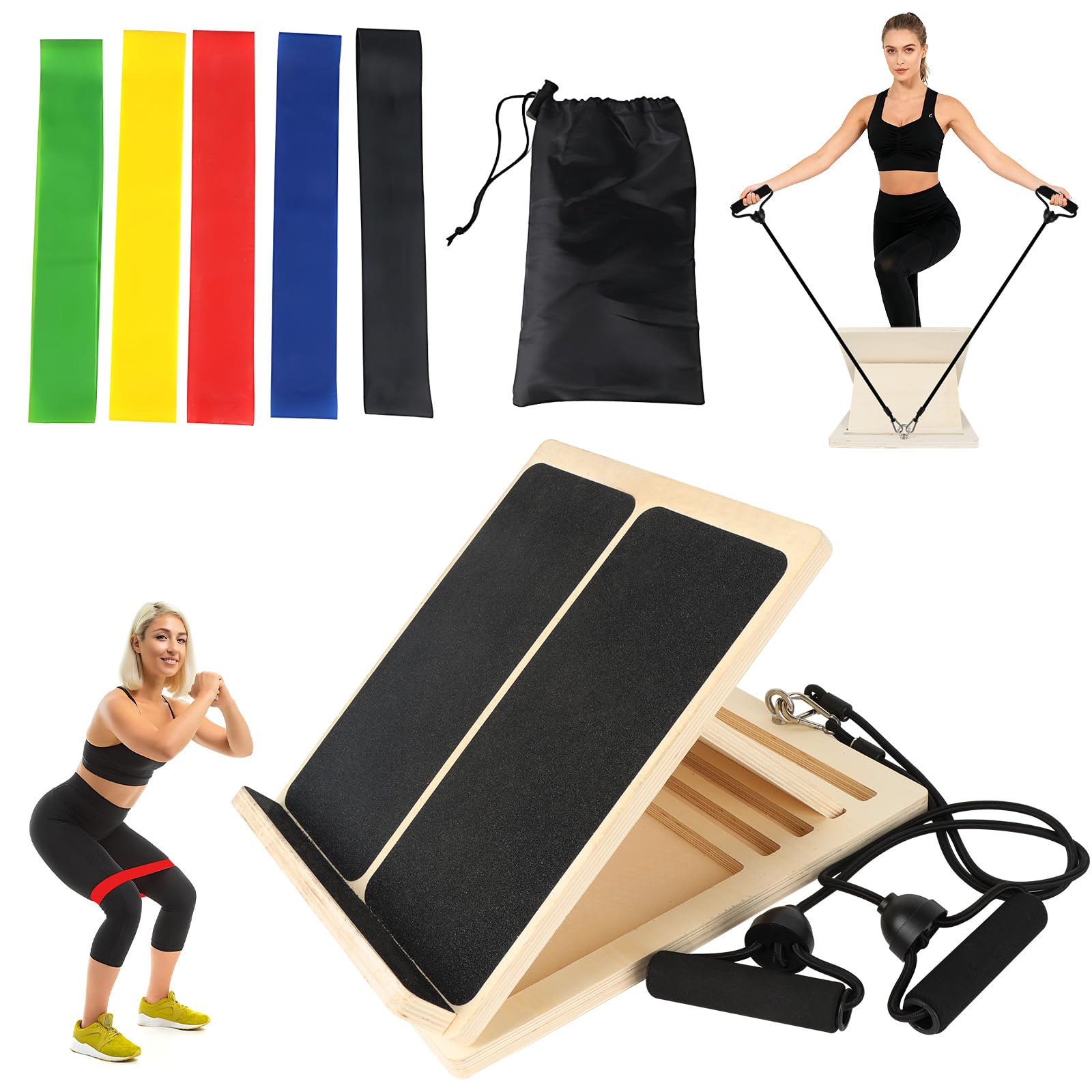 Slant Board Calf Stretcher, Wooden Incline Board with 5+2 Resistance Bands, 5 Adjustable Angles, Non-Slip Surface & Heel Guard, Mobility Board for Calf, Achilles, Ankle, Knee Stretching, Home Gym