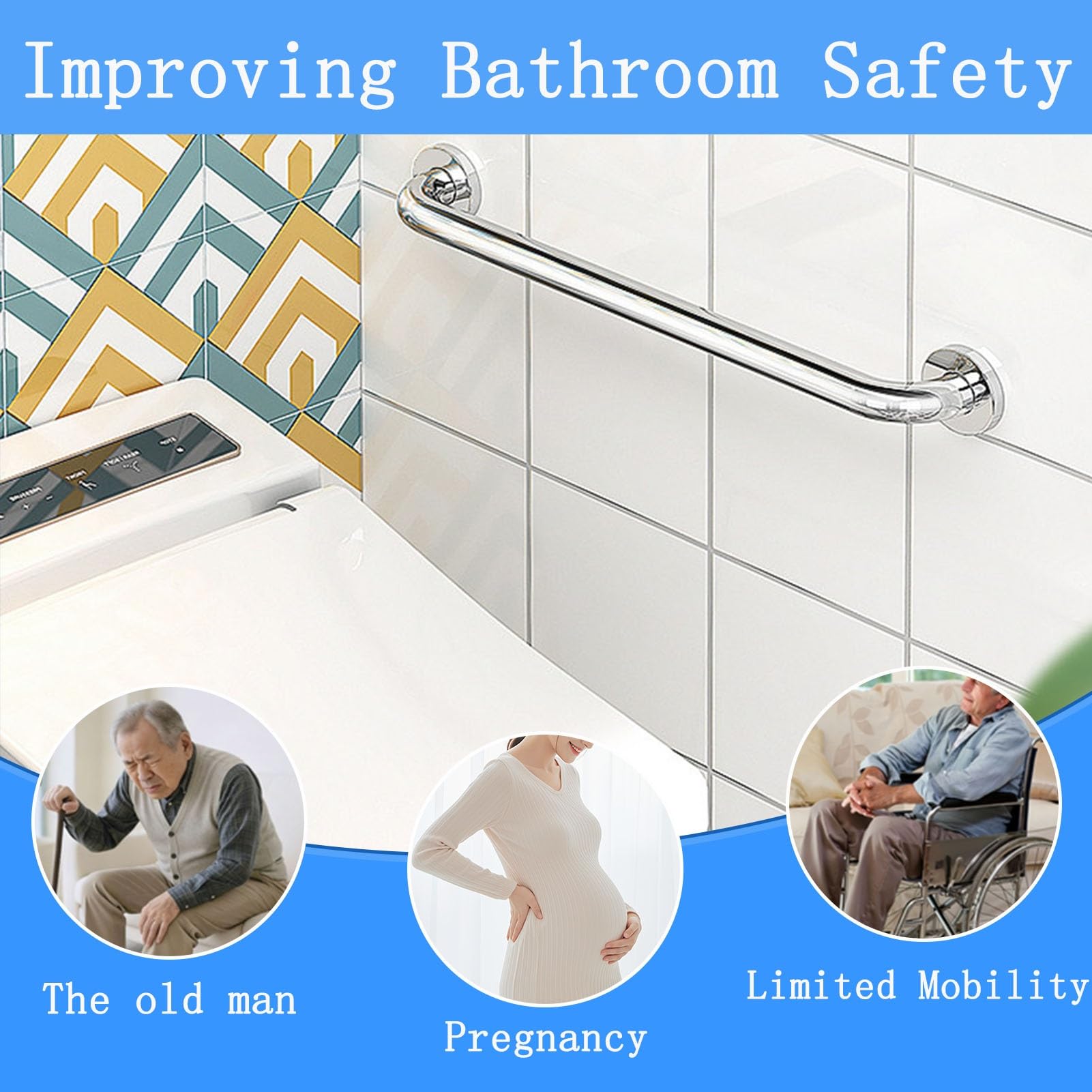 Maniglione di Sicurezza per Vasca da Bagno a Parete, 50 cm, 60 cm, 100 cm, in Acciaio Inox 304, Antiscivolo, per Doccia, Bagno, Sicurezza per Anziani e disabili (150 cm)