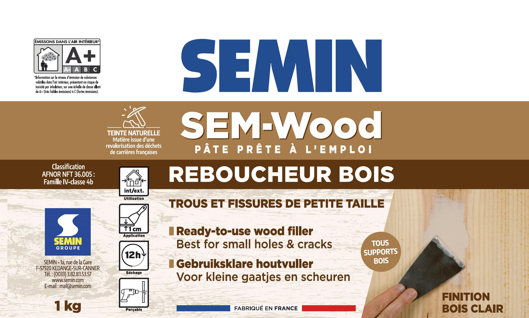 Semin - Reboucheur Bois - Sem Wood - Traitement des Trous et Fissures - Intérieur/extérieur - Finition Bois Clair - Prêt à l’emploi - Seau de 1 kg (Lot de 3)