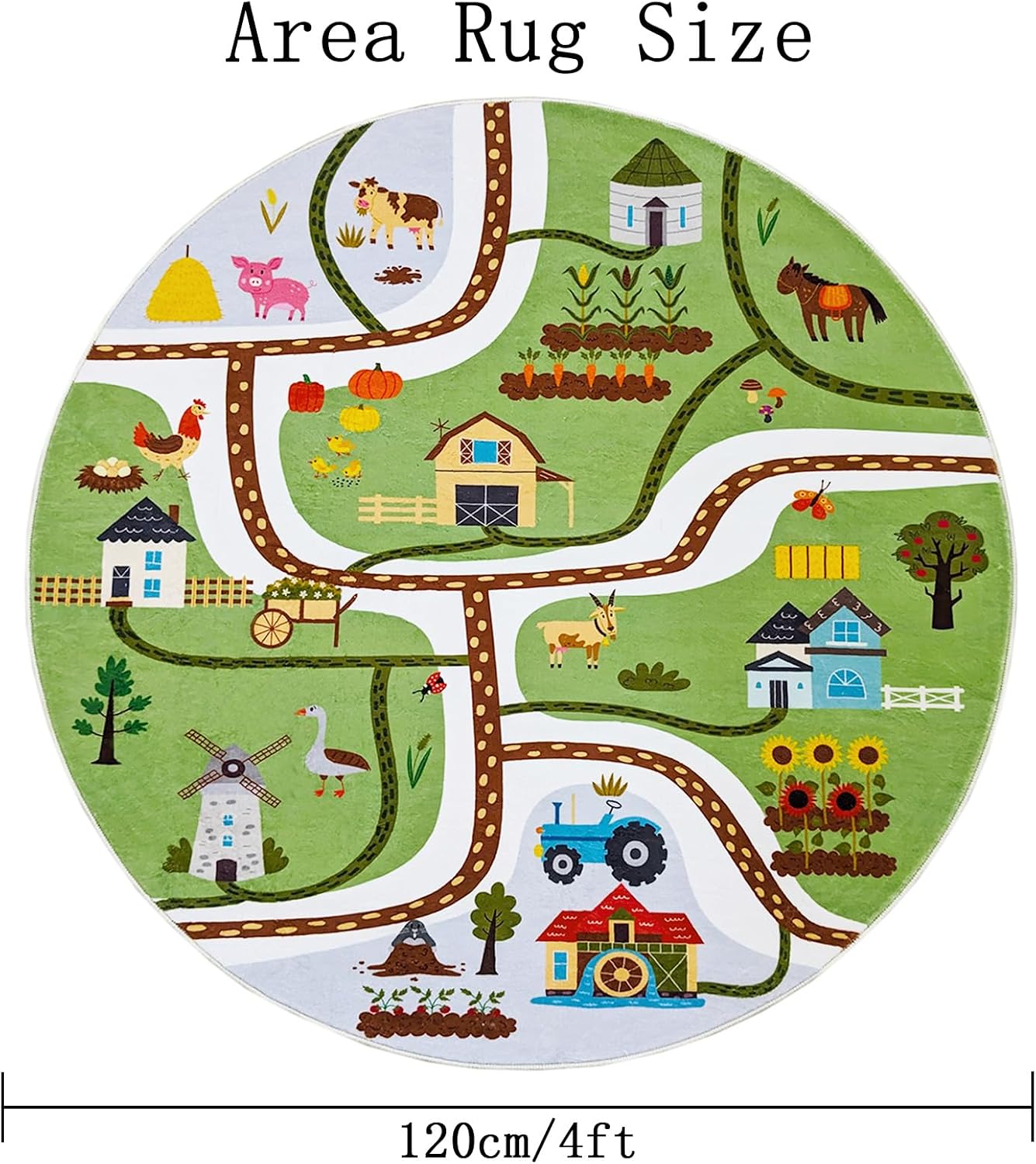 Kids Rug 4Ft Round Farm Animal Carpet for Boys Girls Bedroom Playroom Classroom Nursery, Road Map Farm Mat, Circle Car Vehicle Track Play Area Rug for Indoor Decor, Washable, Green