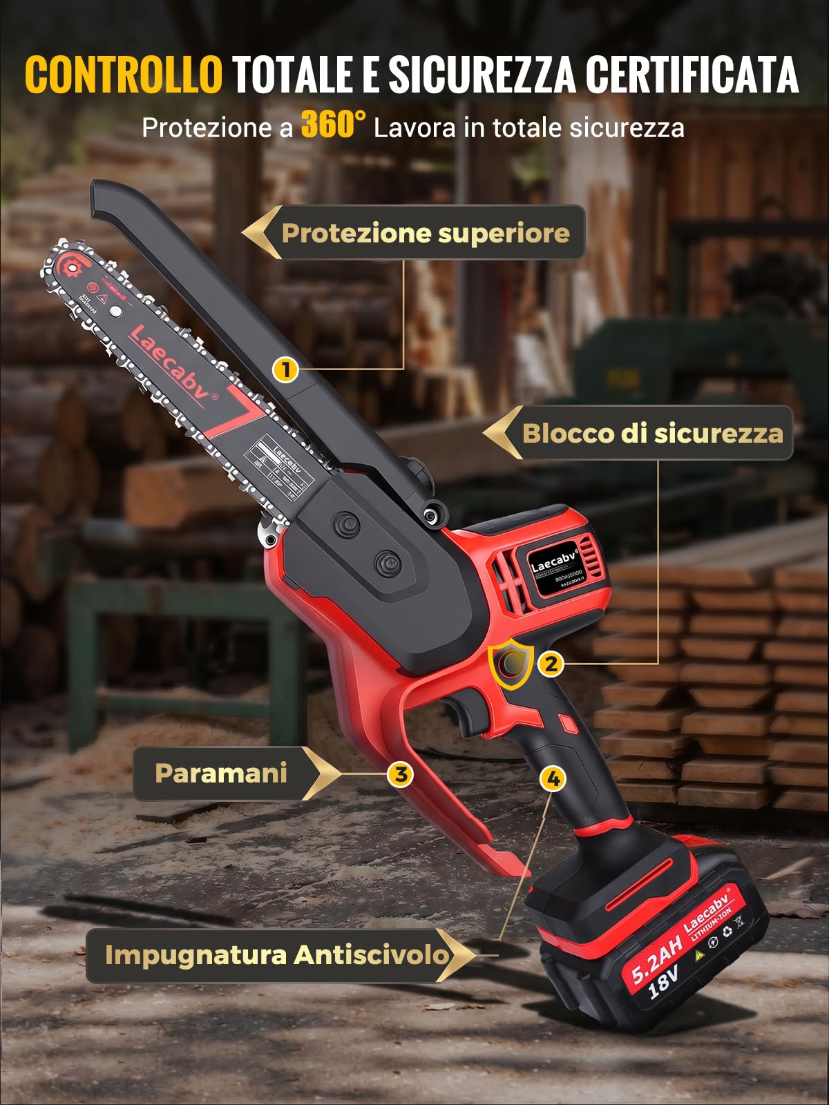 Laecabv Mini Motosega a Batteria J7Max 7 Pollici, con 2 Batterie 5.2Ah B10 e Motore Brushless, Seghetto Elettrico Portatile per Potatura e Taglio Legno, Auto-Oliatura