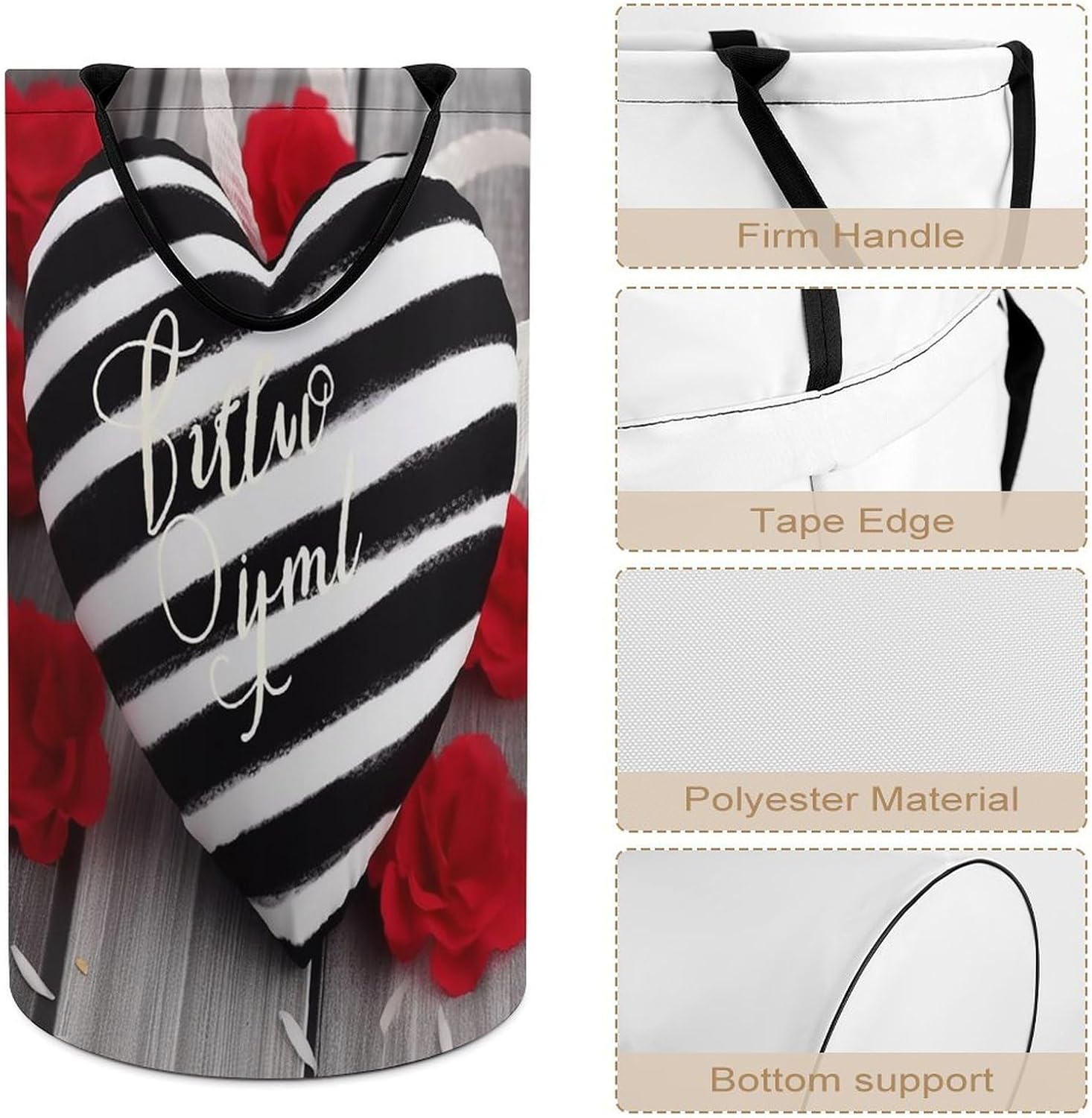 Large Laundry Hamper with Handle Waterproof Laundry Basket Collapsible Dirty Clothes Hamper Black White Stripes Romantic Heart Laundry Bag for Clothes Toys in Bedroom 15.7x27.2 In