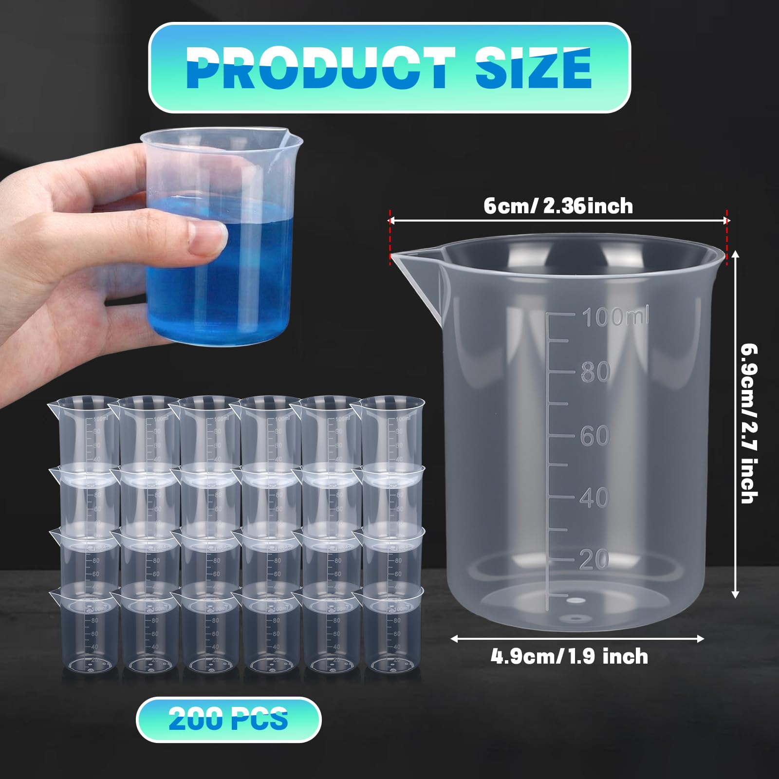 Tatuo Paquete de 200 tazas medidoras desechables de plástico con borde en forma de V, vaso transparente de epoxi a granel con graduado para resina, laboratorio, líquido, pintura acrílica, arte y
