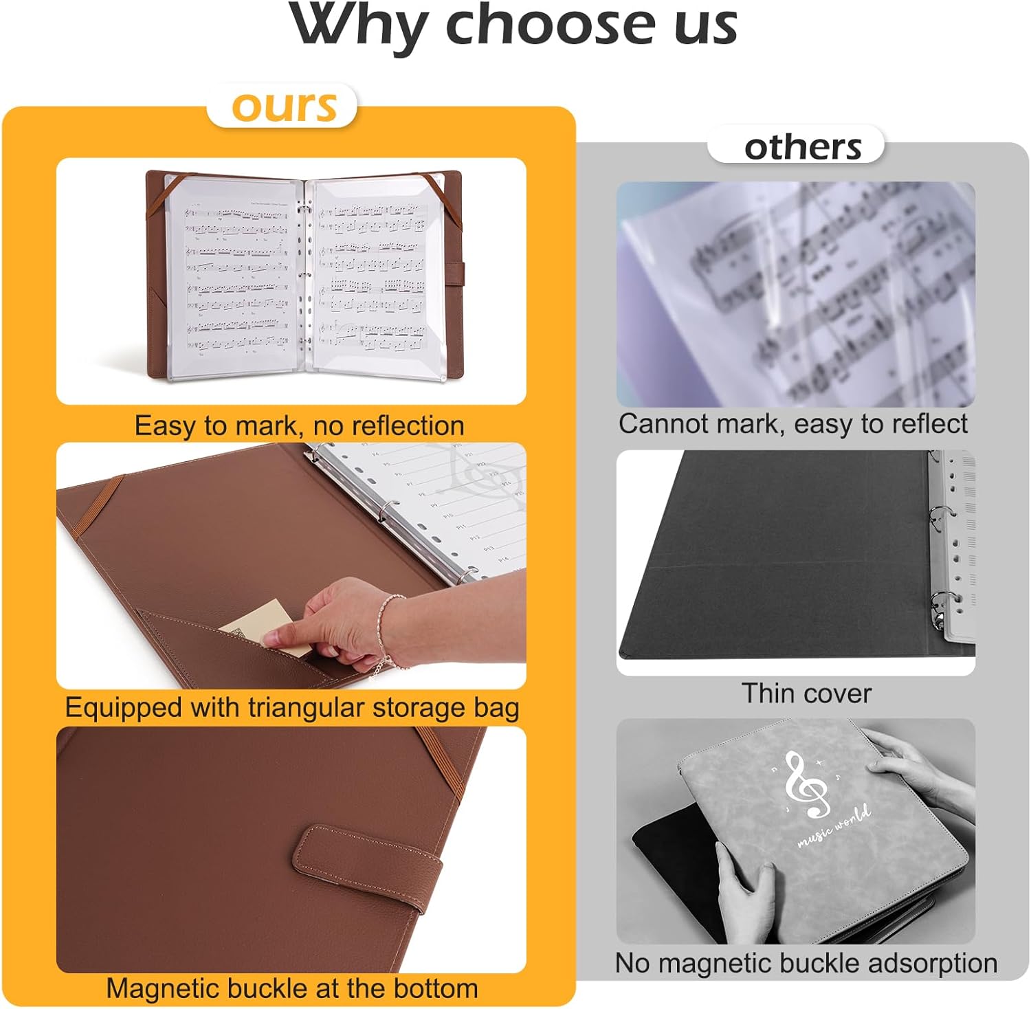 Rockhouse Sheet Music Folder, 3 Ring Binder Music Holder PU Leather Choir Folder 60 Pages Fit for Sheet Music Paper 8.5 x 11 Inch, Brown