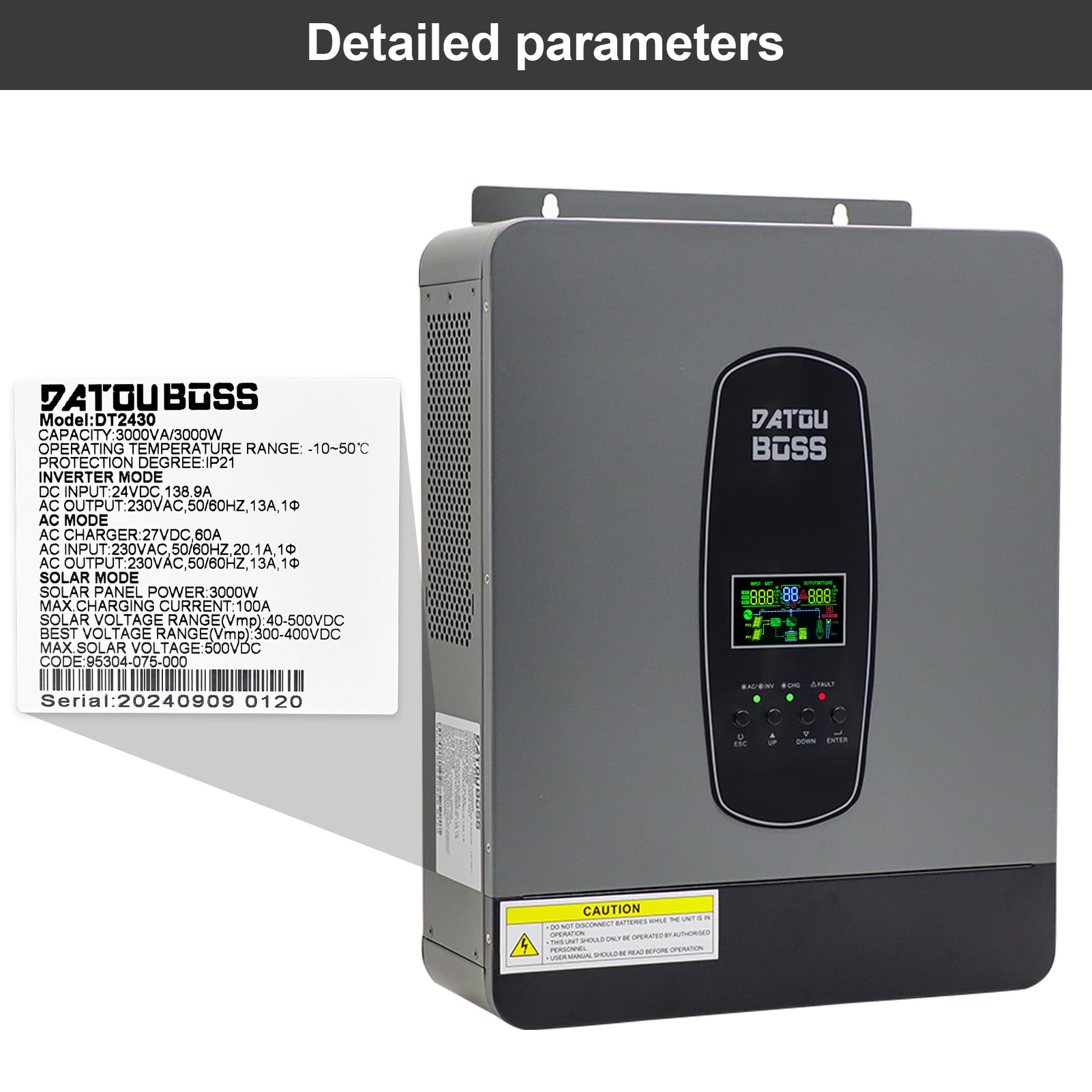 DATOUBOSS 3000W Inverter ibrido sinusoidale puro da 24V DC a 230V AC con regolatore di carica solare MPPT da 80A per batterie al piombo e al litio
