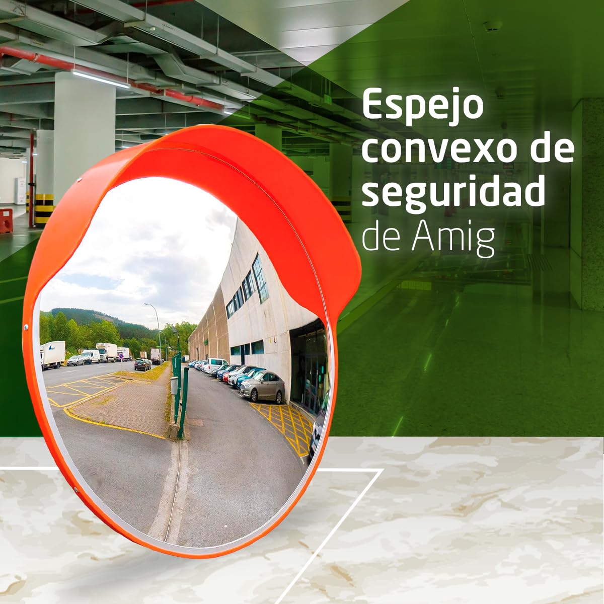 Amig - Espejo convexo de seguridad y vigilancia con visera Ø60 cm de diámetro - Espejo de tráfico - Visión en ángulos muertos, columnas y esquinas en comercios y garajes - Color: Naranja
