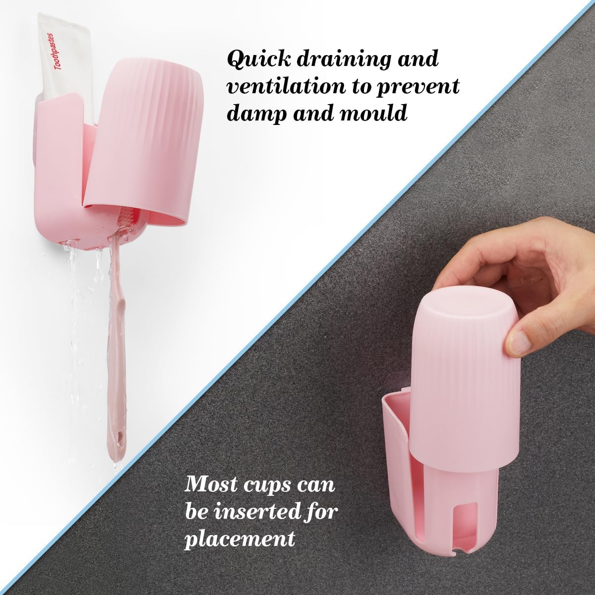 Toothbrush Holders for Bathrooms Toothbrush Holders Wall Mounted BPA-Free Tooth Brush Holder with Toothbrush Cup Drilling-Free (Pink)