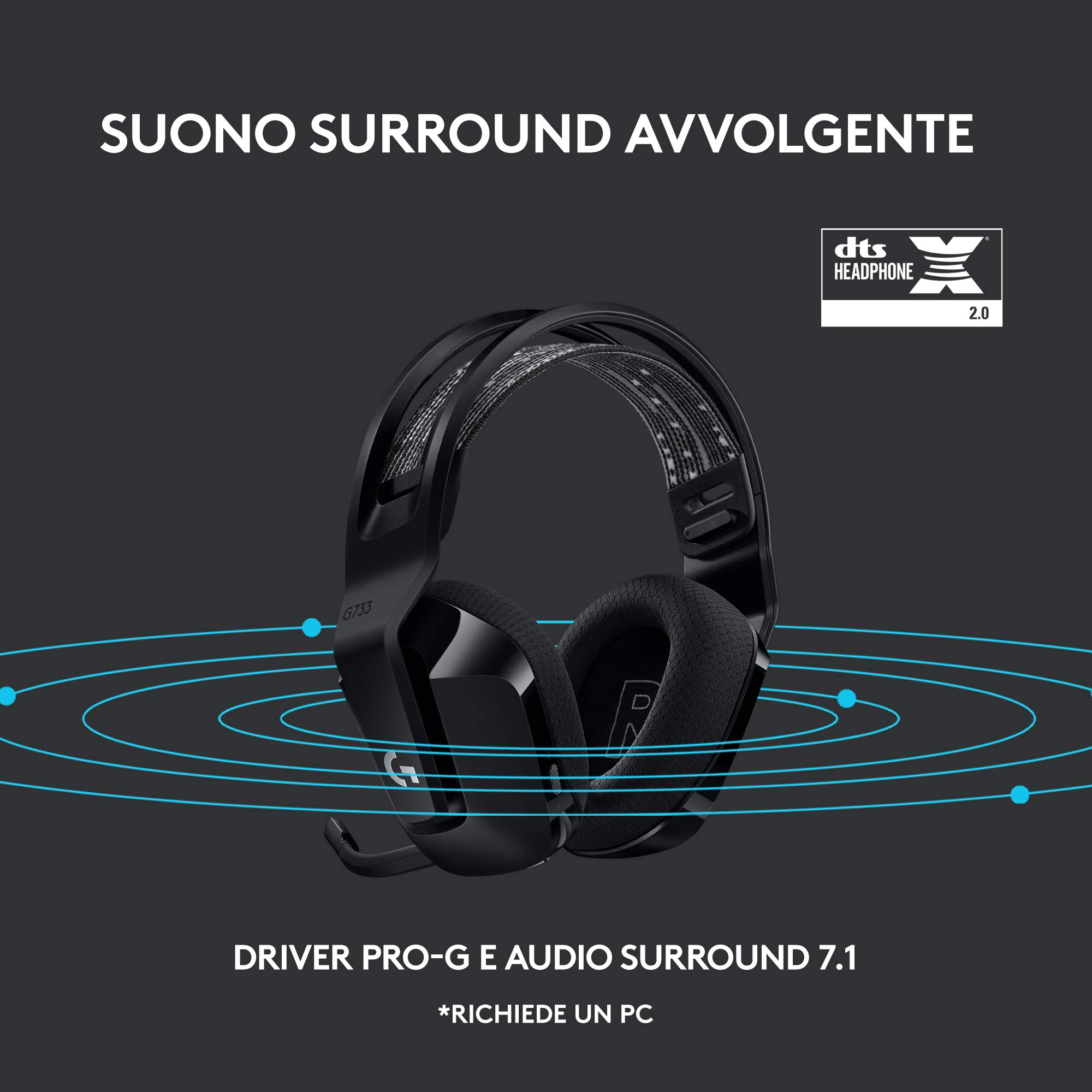 Logitech G733 LIGHTSPEED Wireless Gaming Headset with Microphone, LIGHTSYNC RGB, Blue VO!CE, PRO-G Audio - Nero